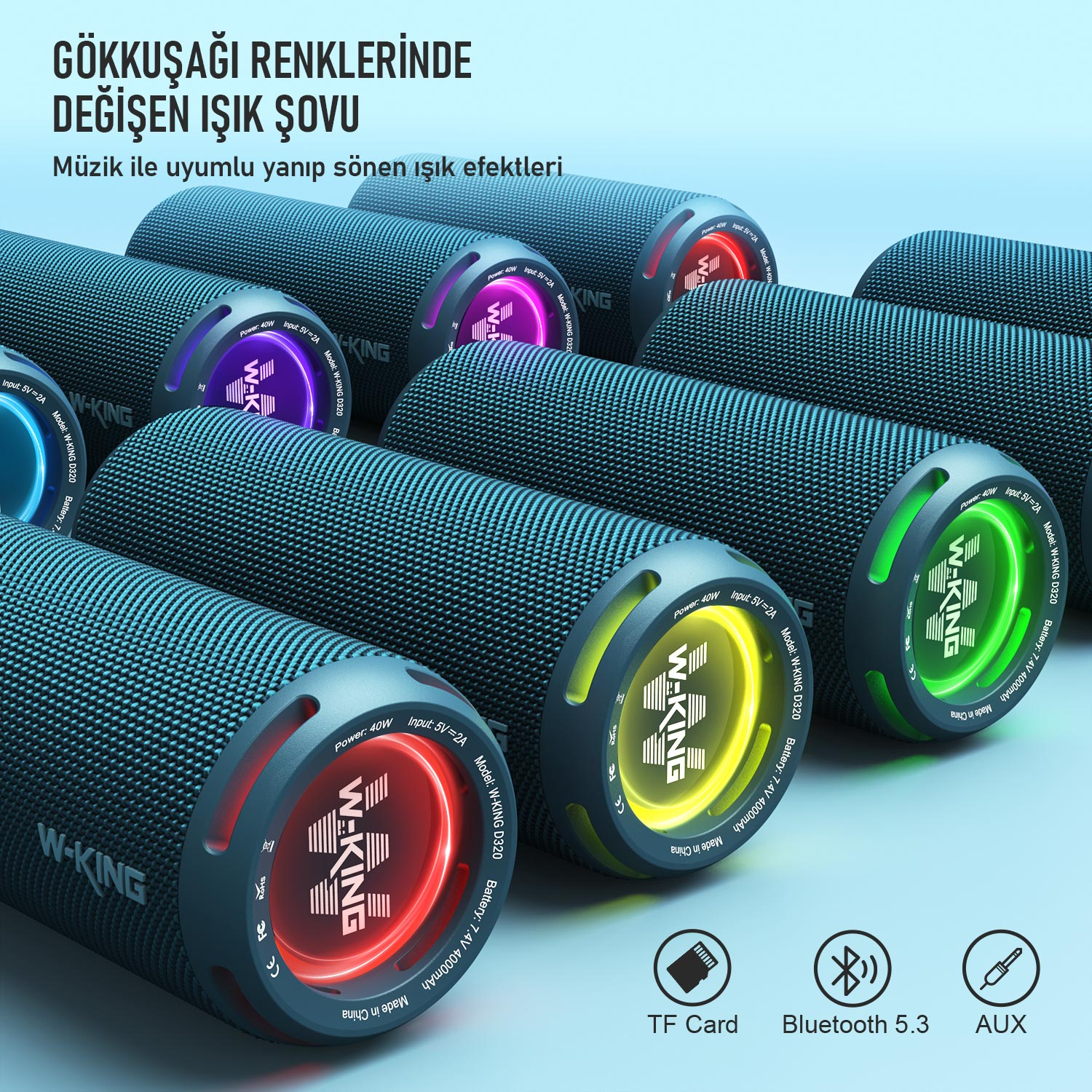 Renkli ışıklı, siyah silindirik hoparlörler. Hoparlörlerde 'W-KING' logosu var. TF kartı ve Bluetooth özellikleri.