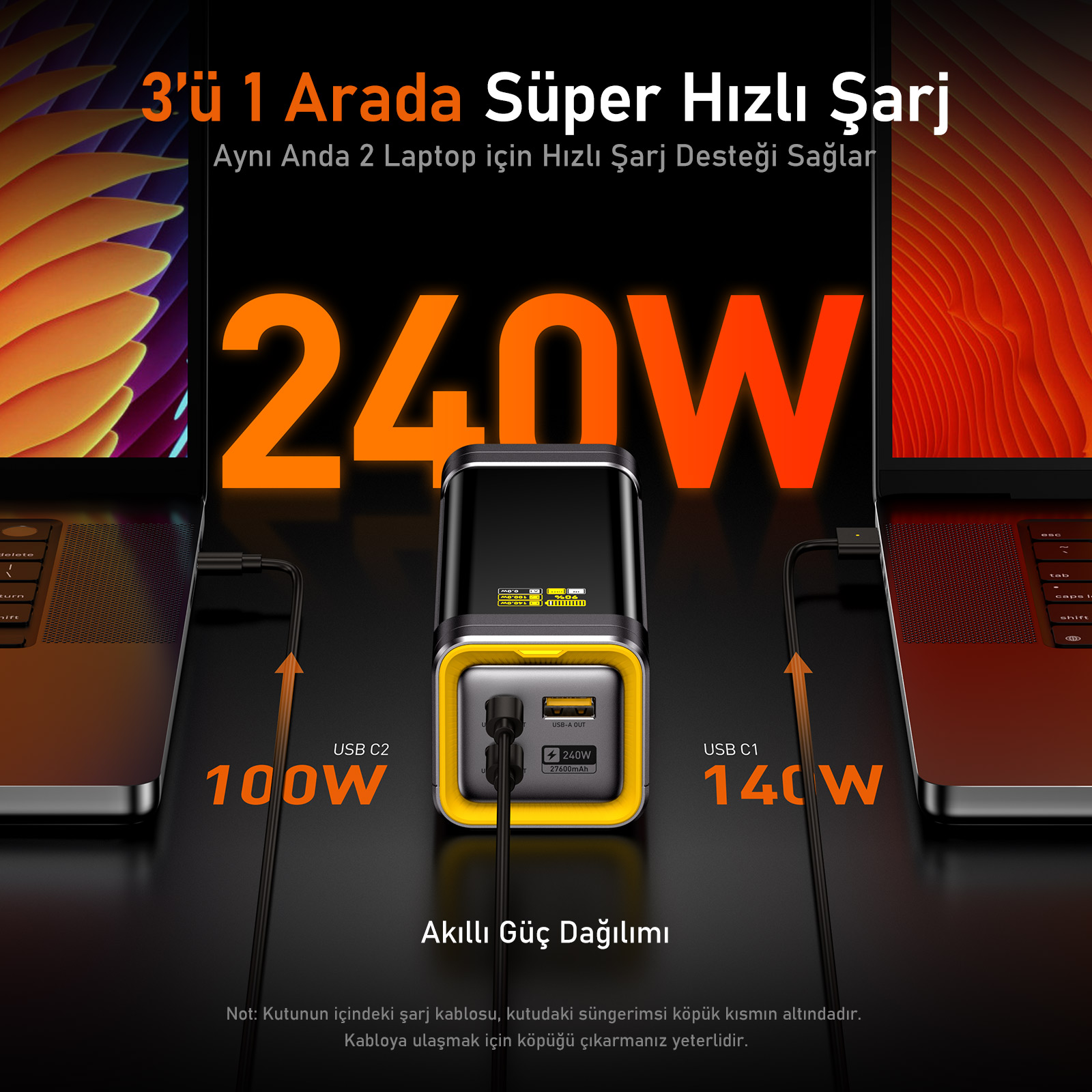 Her iki tarafta iki dizüstü bilgisayar bulunan bir şarj cihazı. USB bağlantı noktaları ve 240W yazılı.