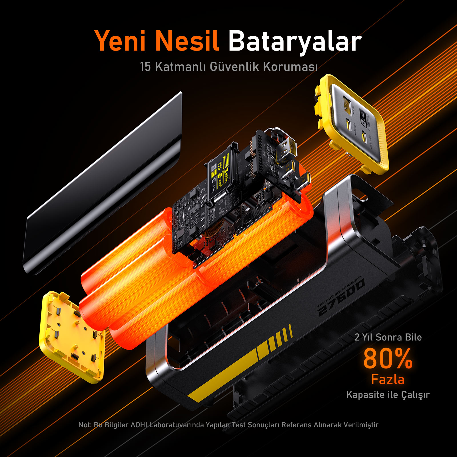 İç bileşenleri ve Türkçe metin içeren siyah ve sarı bir güç bankasının patlatılmış görünümü.