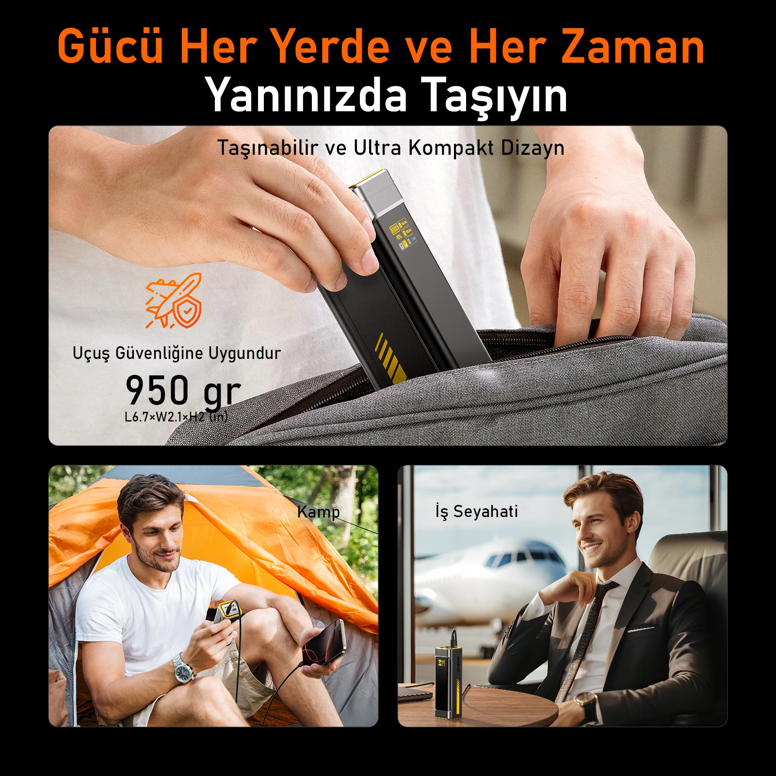 Görüntüde 'Gucu Her Yerde' yazan bir ürün yer alıyor. Kamp ve iş seyahatinde kullanan kişilerin illüstrasyonları var.