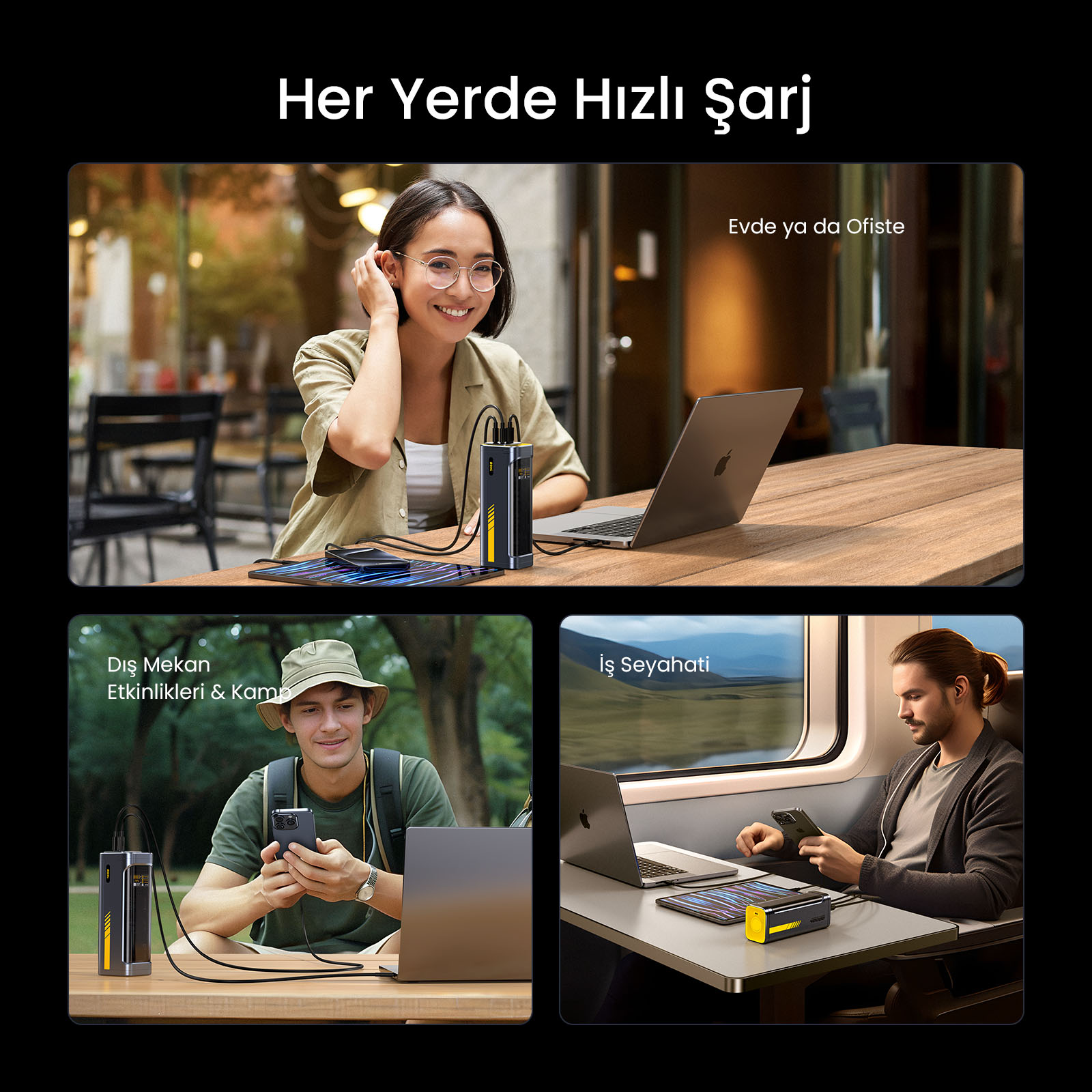 Görsel, taşınabilir bir şarj cihazı kullanan kişileri gösteriyor. Sahneler: ev, kamp ve tren. Cihazlar telefonları ve dizüstü bilgisayarları içerir.