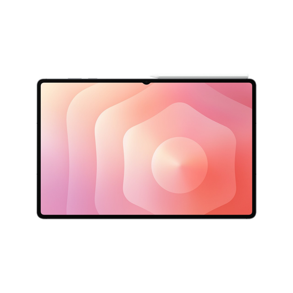 Pembe ve turuncu tonlarında renkli soyut bir arka plana sahip bir tablet. Üzerinde bir kalem duruyor. Siyah çerçeve.
