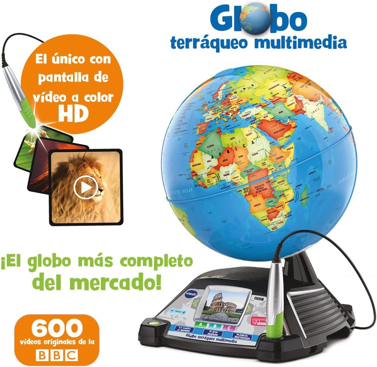 Un globo terráqueo con pantalla, mostrando un video de león. El texto dice 'Globo multimedia'. Es un producto de Vtech.