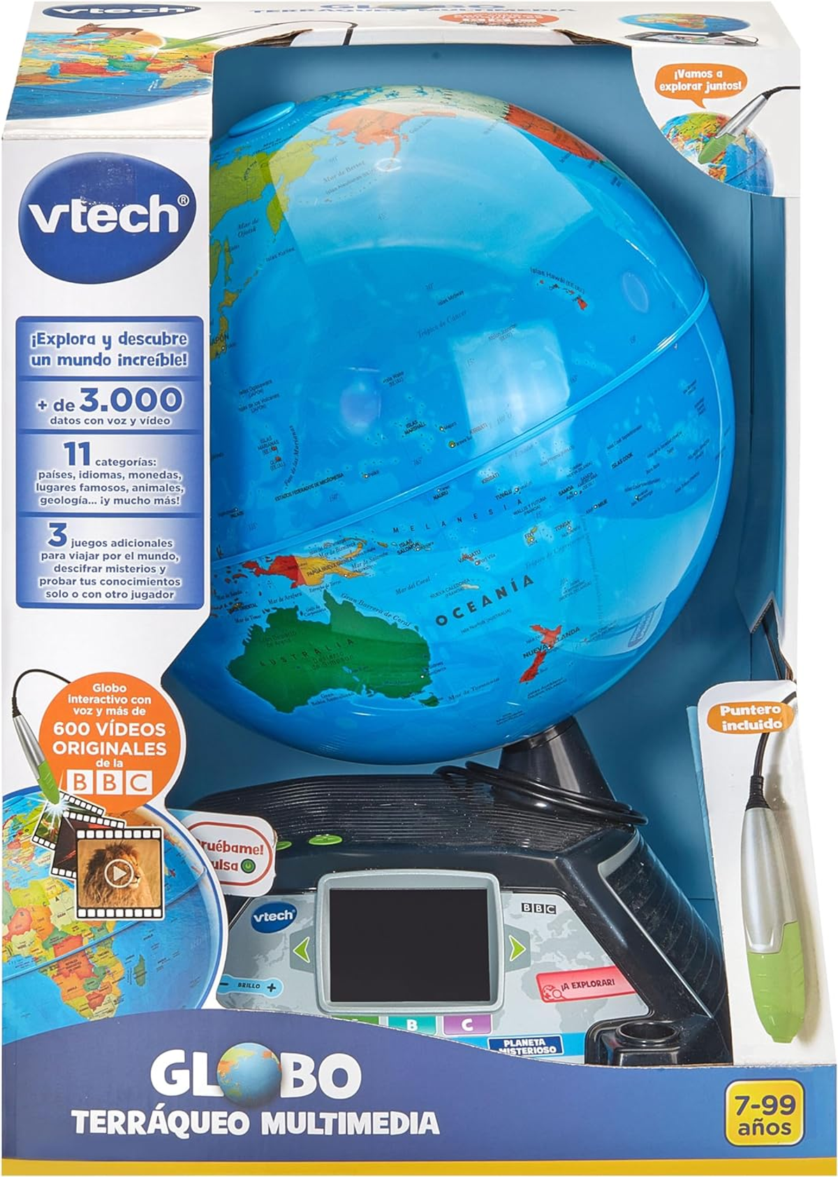 Un globo terráqueo de juguete en una caja. Tiene una pantalla y un puntero. La caja tiene texto en español e inglés.