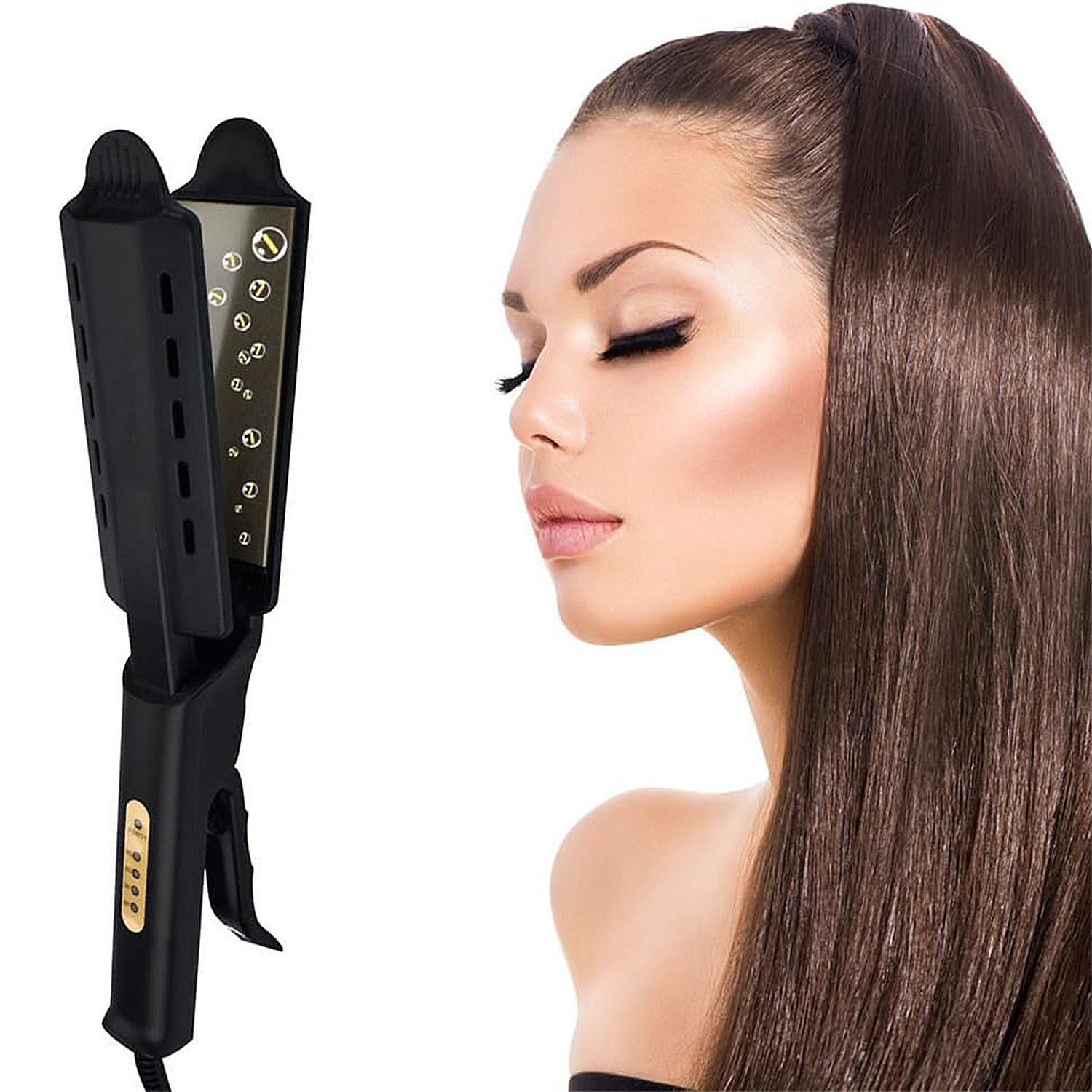 Una donna con lunghi capelli castani accanto a una piastra nera. La piastra è aperta, mostrando l'interno.