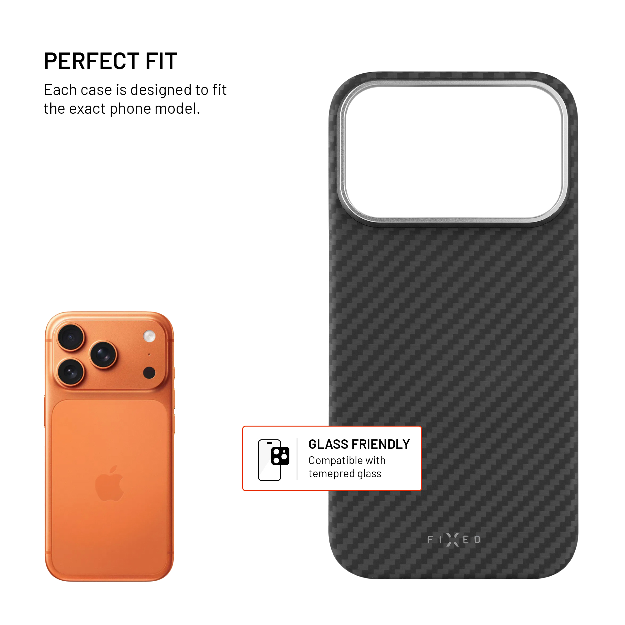 Ein orangefarbenes Telefon neben einer schwarzen Handyhülle aus Kohlefaser. Die Hülle hat einen weißen Ausschnitt für die Kamera.