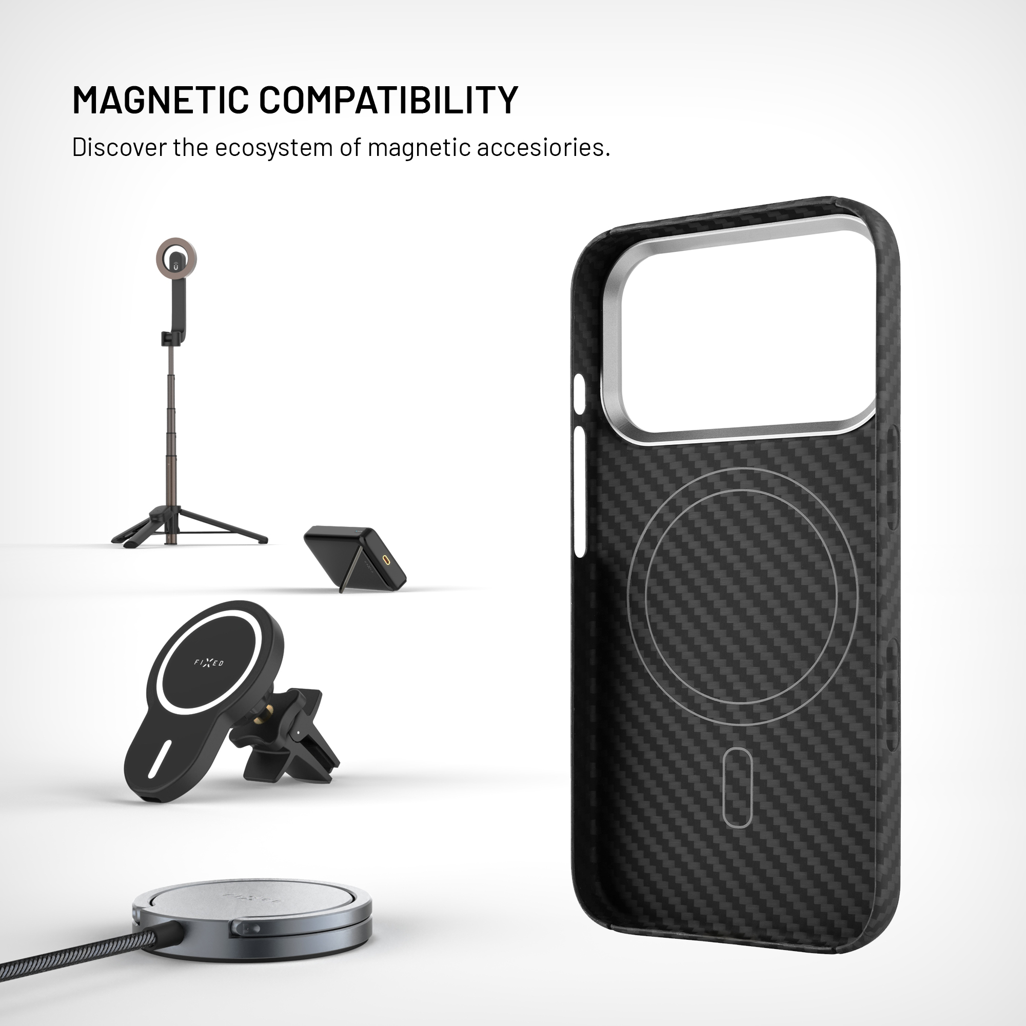 Das Bild zeigt Telefonzubehör: Handyhülle, Ladegerät, Autohalterung, Ständer. Alles schwarz, auf weißem Hintergrund. Der Text lautet 'Magnetic Compatibility'.
