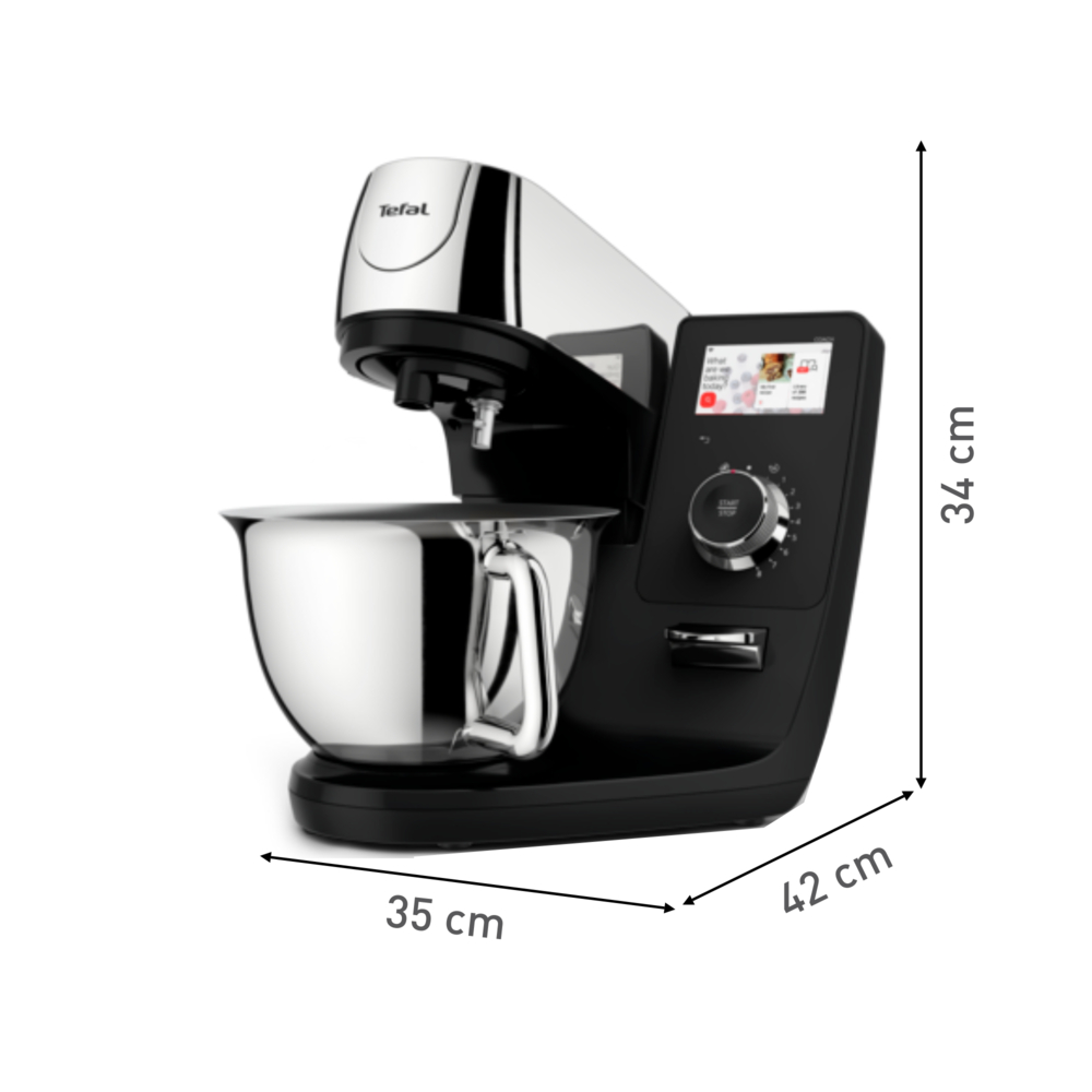 Ein Tefal-Küchenmixer, schwarz und silber, mit Touchscreen, Edelstahlschüssel und angegebenen Abmessungen.