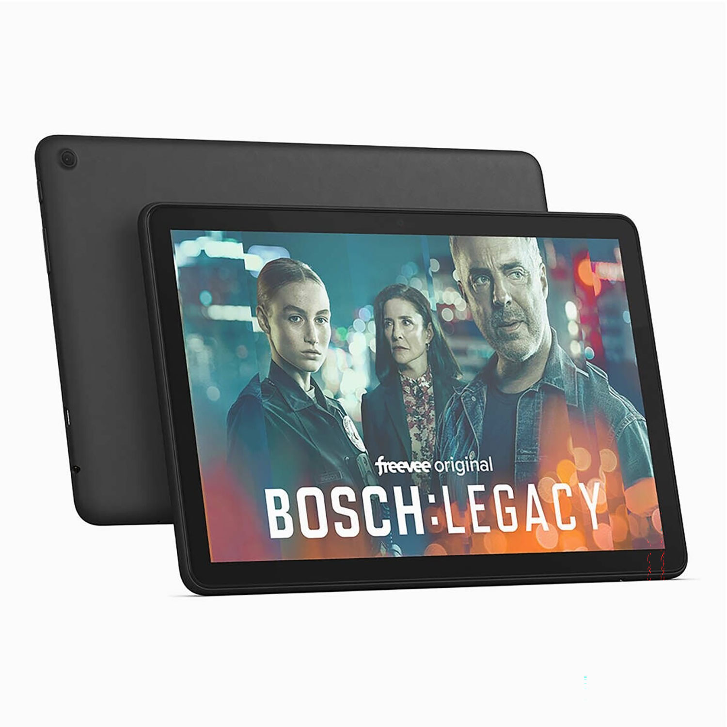 Due tablet neri, uno davanti che mostra uno spettacolo con tre persone e il titolo 'BOSCH: LEGACY'.