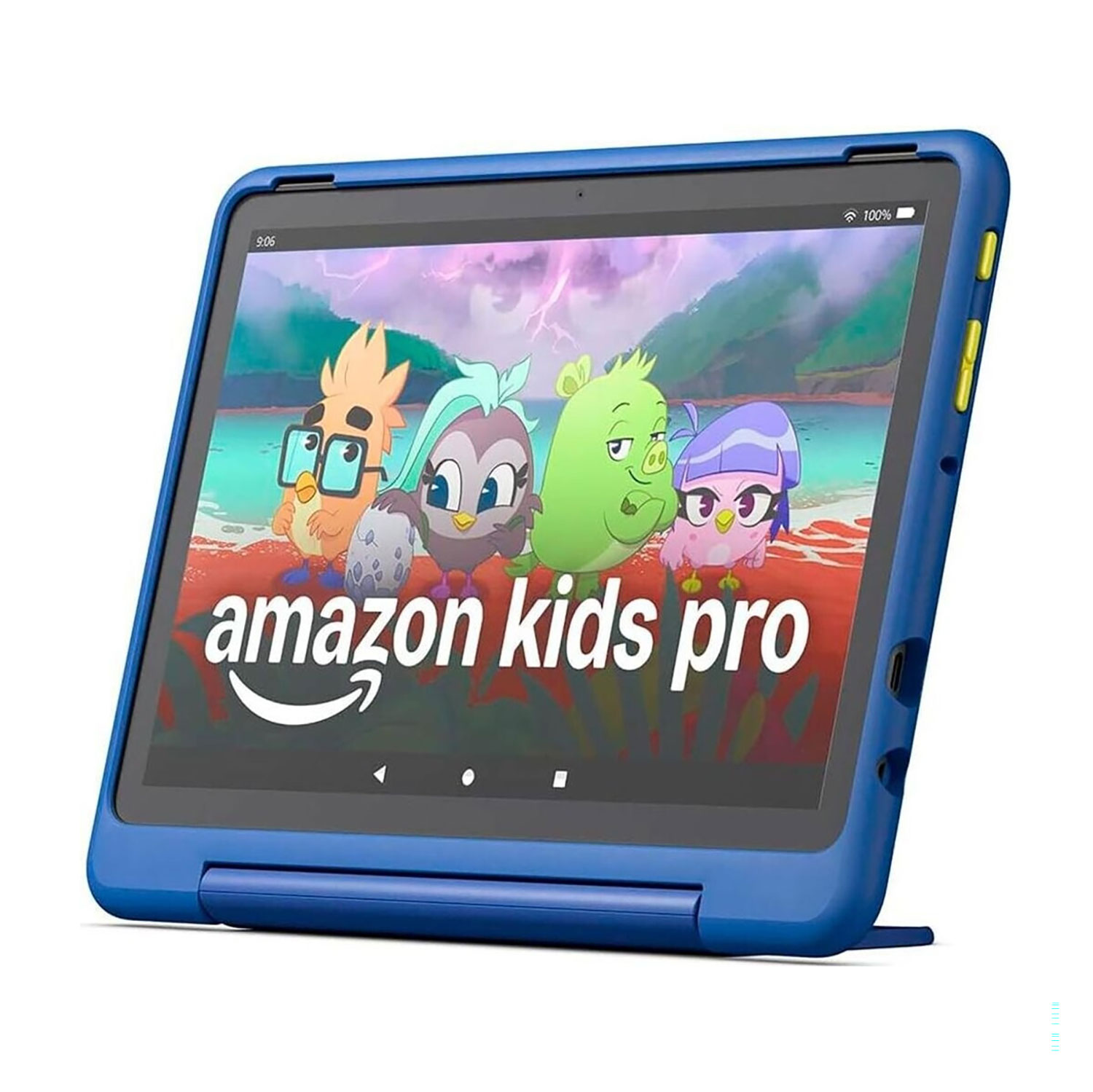 Ein blaues Amazon Kids Pro Tablet zeigt Zeichentrickfiguren. Das Tablet hat eine blaue Hülle. Der Bildschirm zeigt die Worte 'amazon kids pro'.