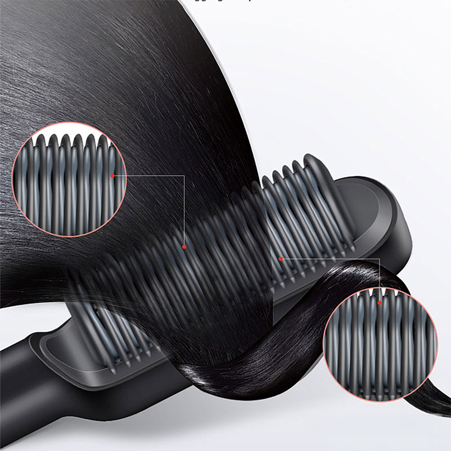 Capelli neri stirati con una piastra nera. Vista ravvicinata con dettagli evidenziati delle setole.