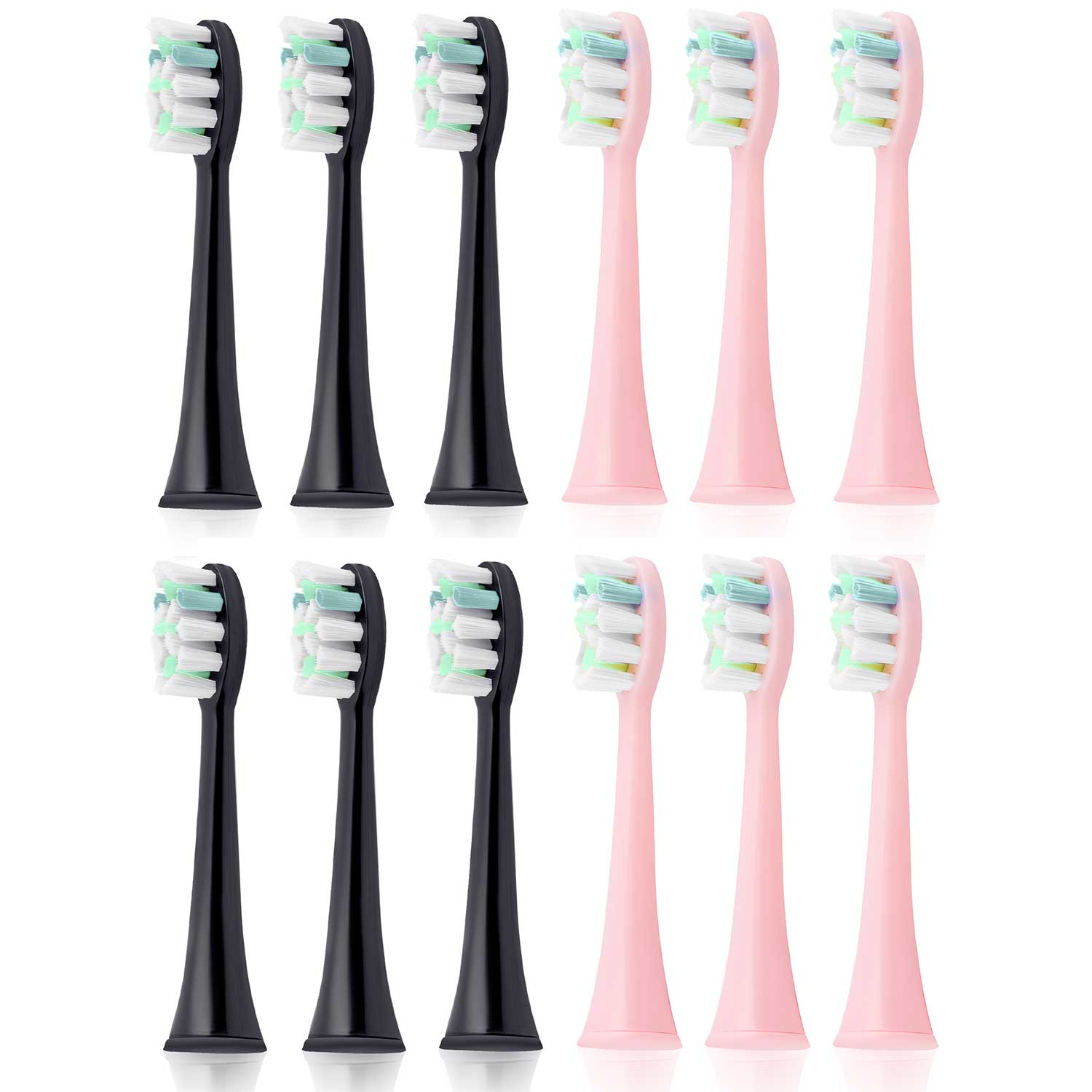 Obraz przedstawia głowice szczoteczek do zębów. Sześć czarnych i sześć różowych głowic ułożonych w rzędach. Włosie jest białe i zielone.