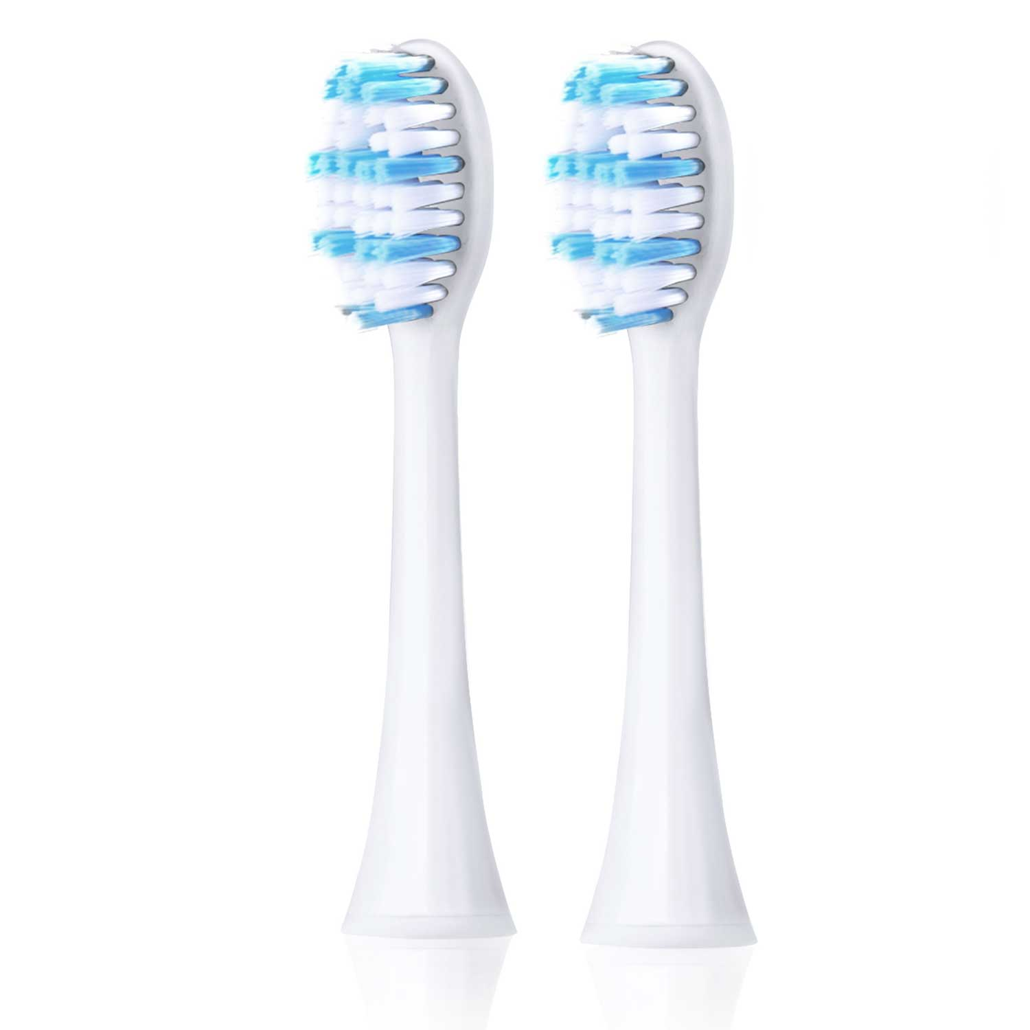 Dwie białe głowice szczoteczek do zębów z niebiesko-białym włosiem na białym tle.