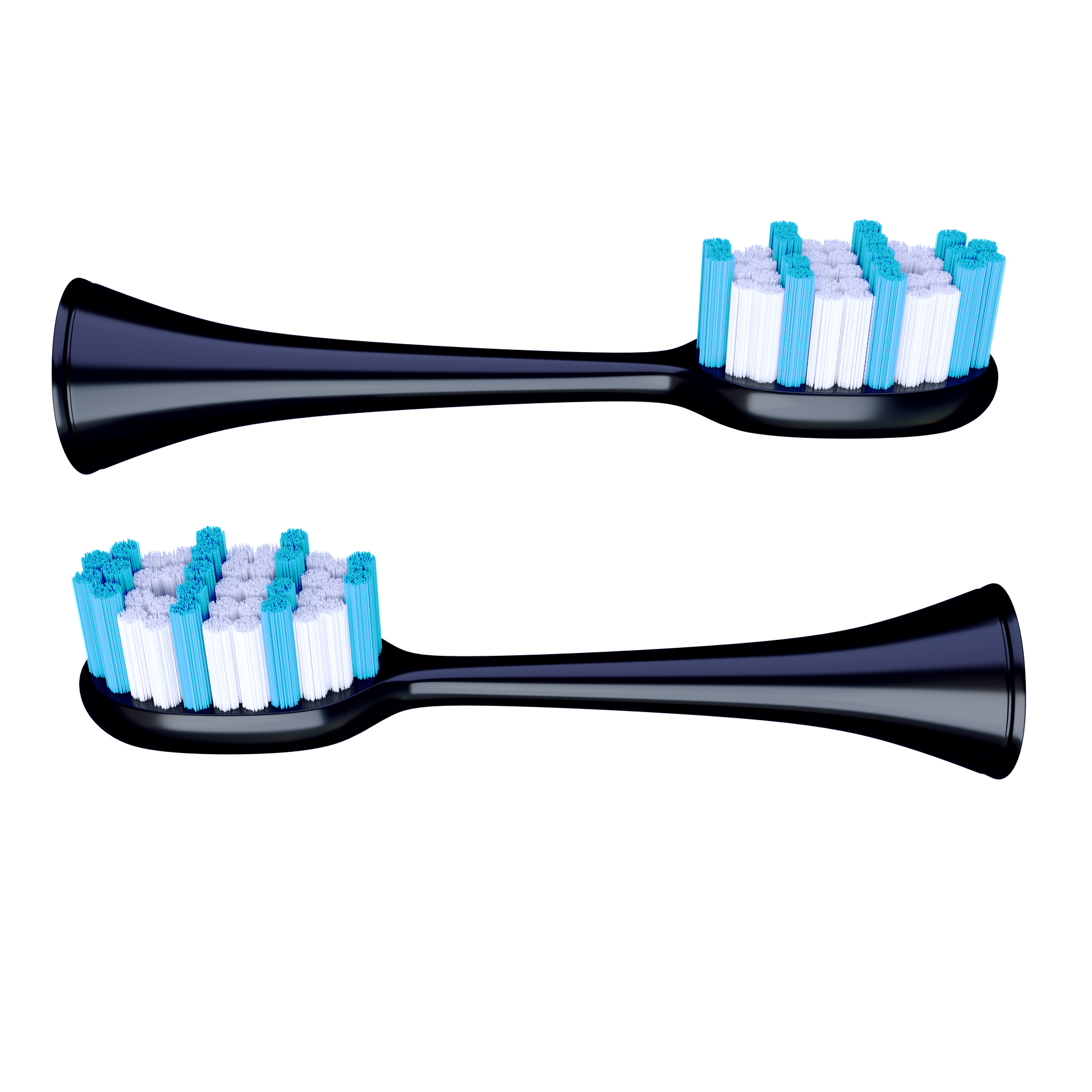 Dwie czarne głowice szczoteczki elektrycznej z niebiesko-białym włosiem na białym tle.
