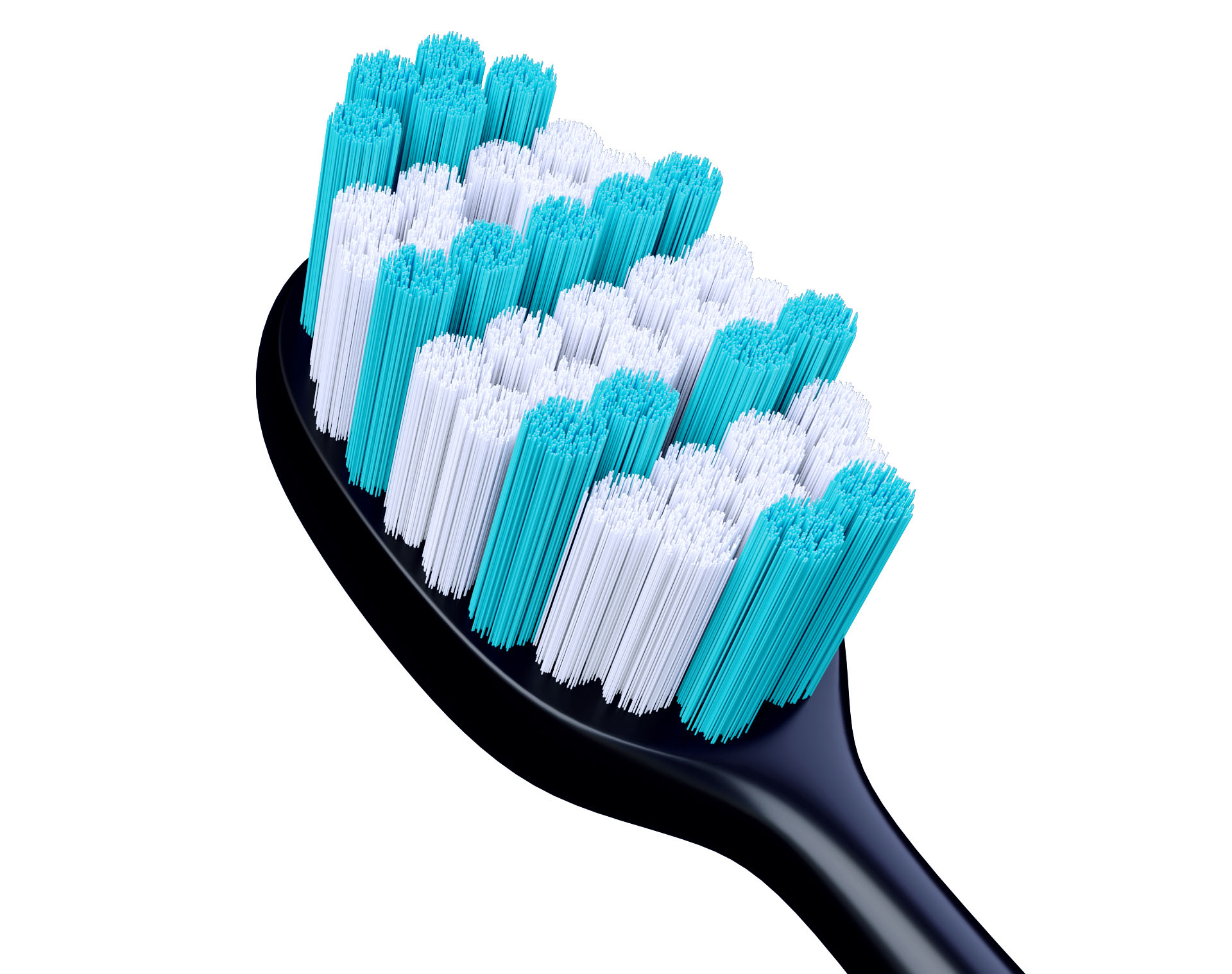 Zbliżenie główki szczoteczki do zębów. Ma naprzemienne rzędy białego i niebieskiego włosia na czarnym uchwycie, na białym tle.
