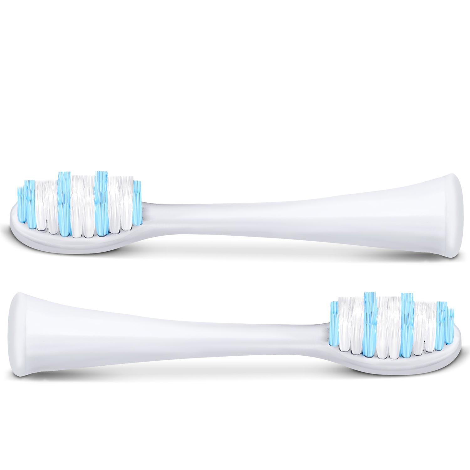 Dwie głowice do szczoteczki elektrycznej. Białe uchwyty z niebiesko-białym włosiem. Tło białe.