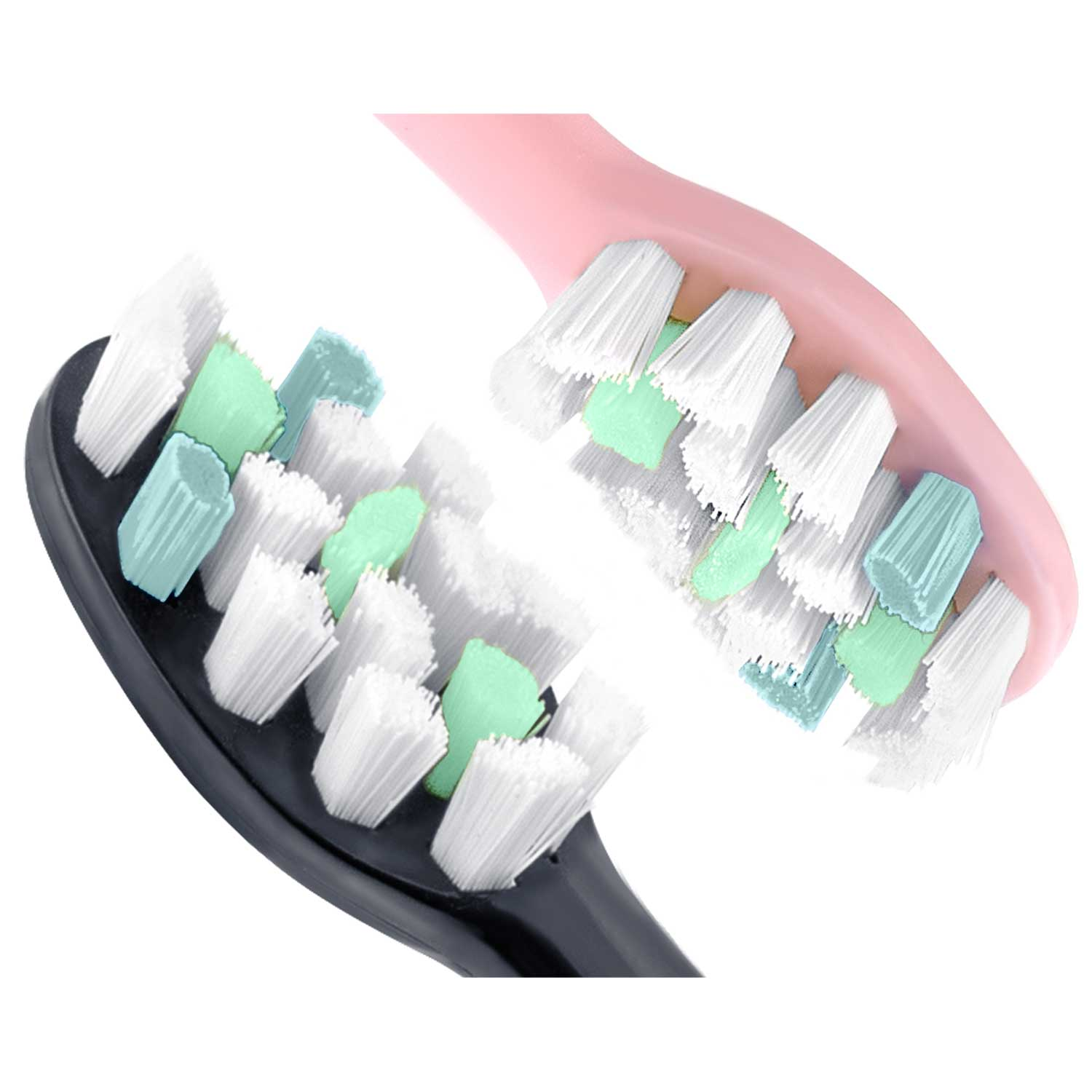 Dwie szczoteczki do zębów, różowa i czarna. Włosie jest białe, zielone i niebieskie. Różowa szczoteczka jest w tle.