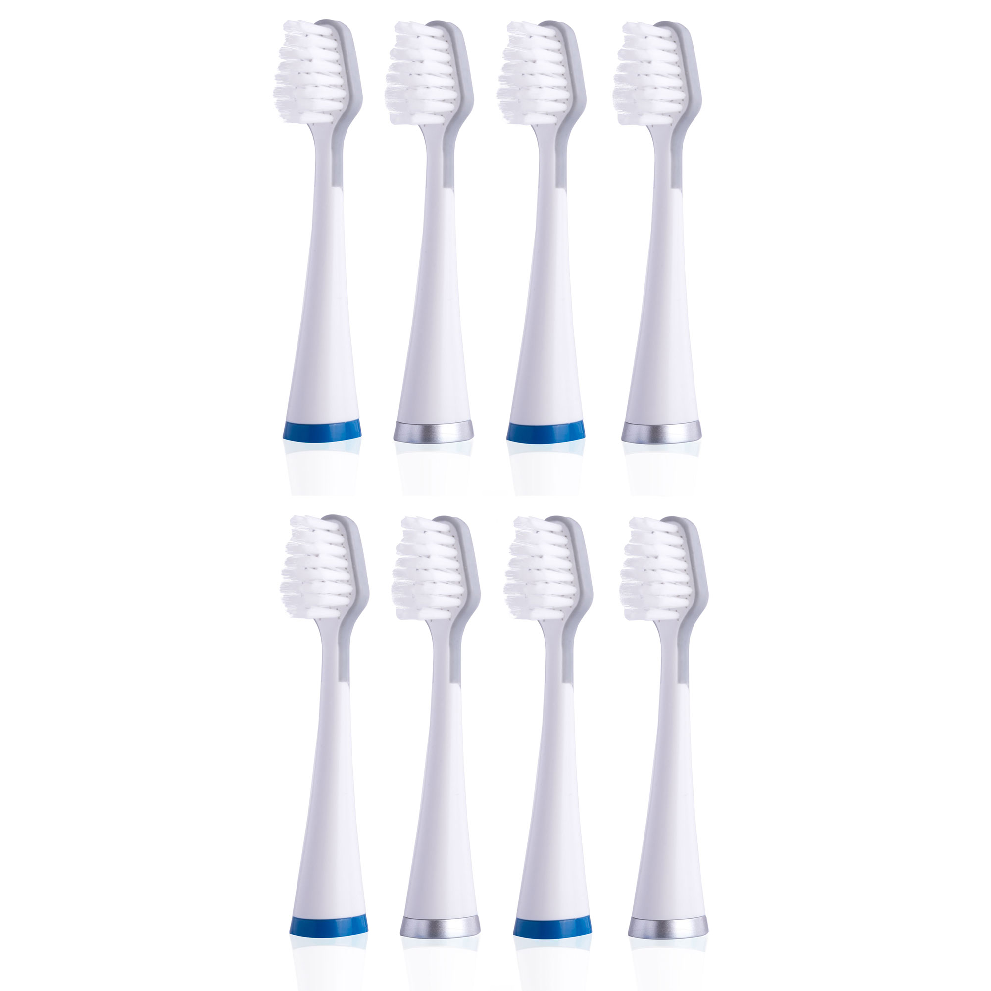 Osiem białych głowic szczoteczek do zębów z szarym włosiem, białymi uchwytami, srebrnymi i niebieskimi akcentami, ułożonych w dwóch rzędach na białym tle.