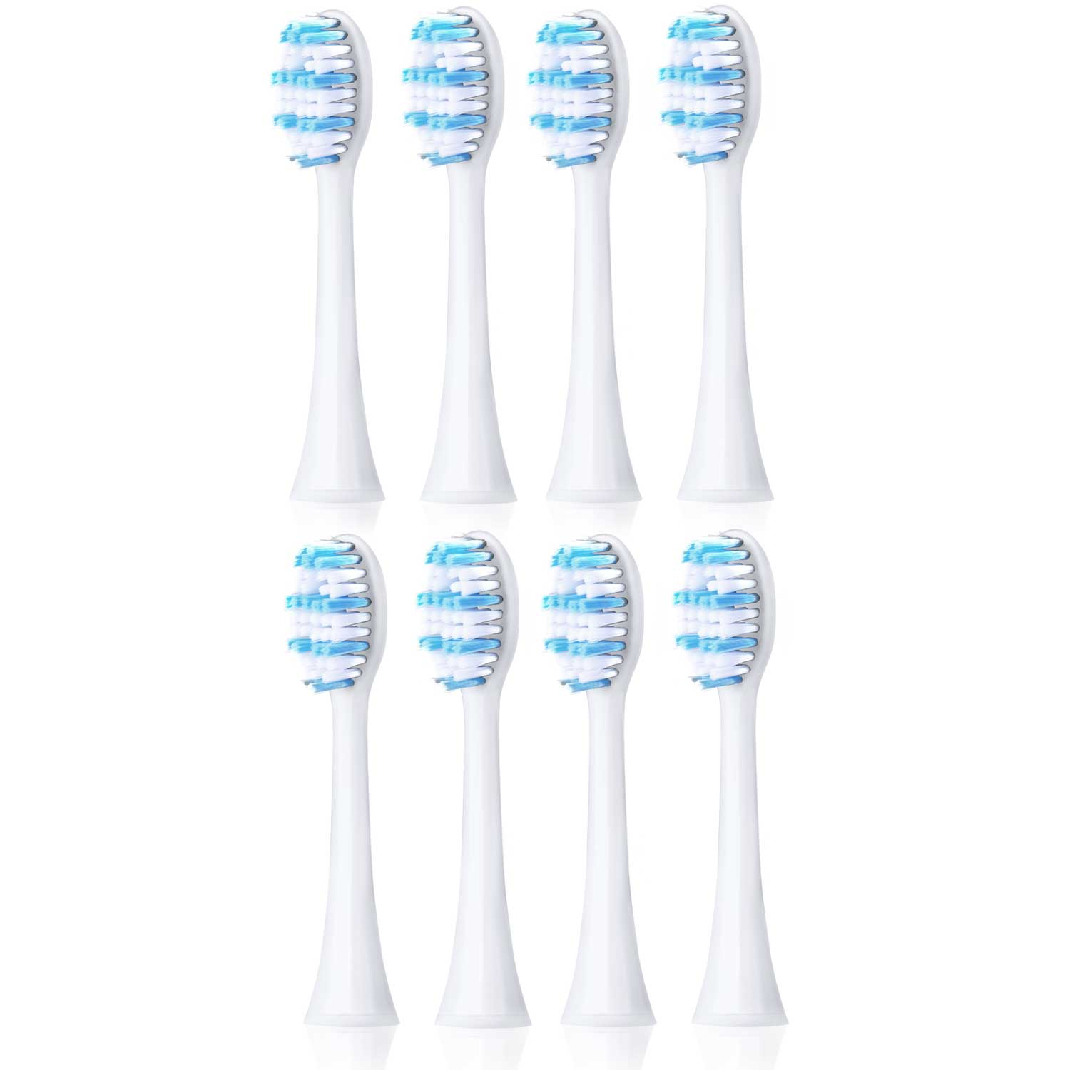Osiem białych głowic szczoteczek do zębów z niebiesko-białym włosiem na białym tle. Są nowe.