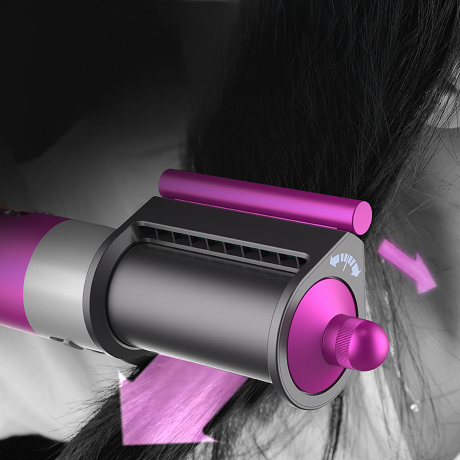 Uno strumento per lo styling dei capelli rosa e grigio è vicino ai capelli neri. Le frecce indicano che i capelli vengono acconciati. Lo strumento ha un quadrante.