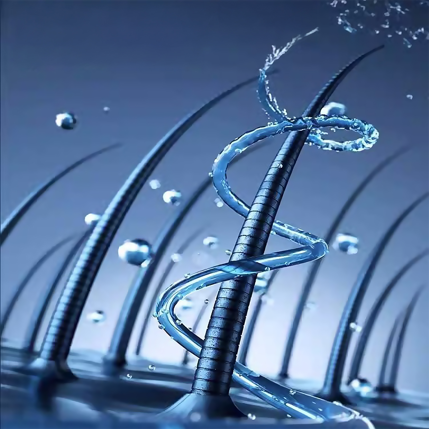 Primo piano di ciocche di capelli con acqua che vortica. Sfondo blu e goccioline d'acqua.