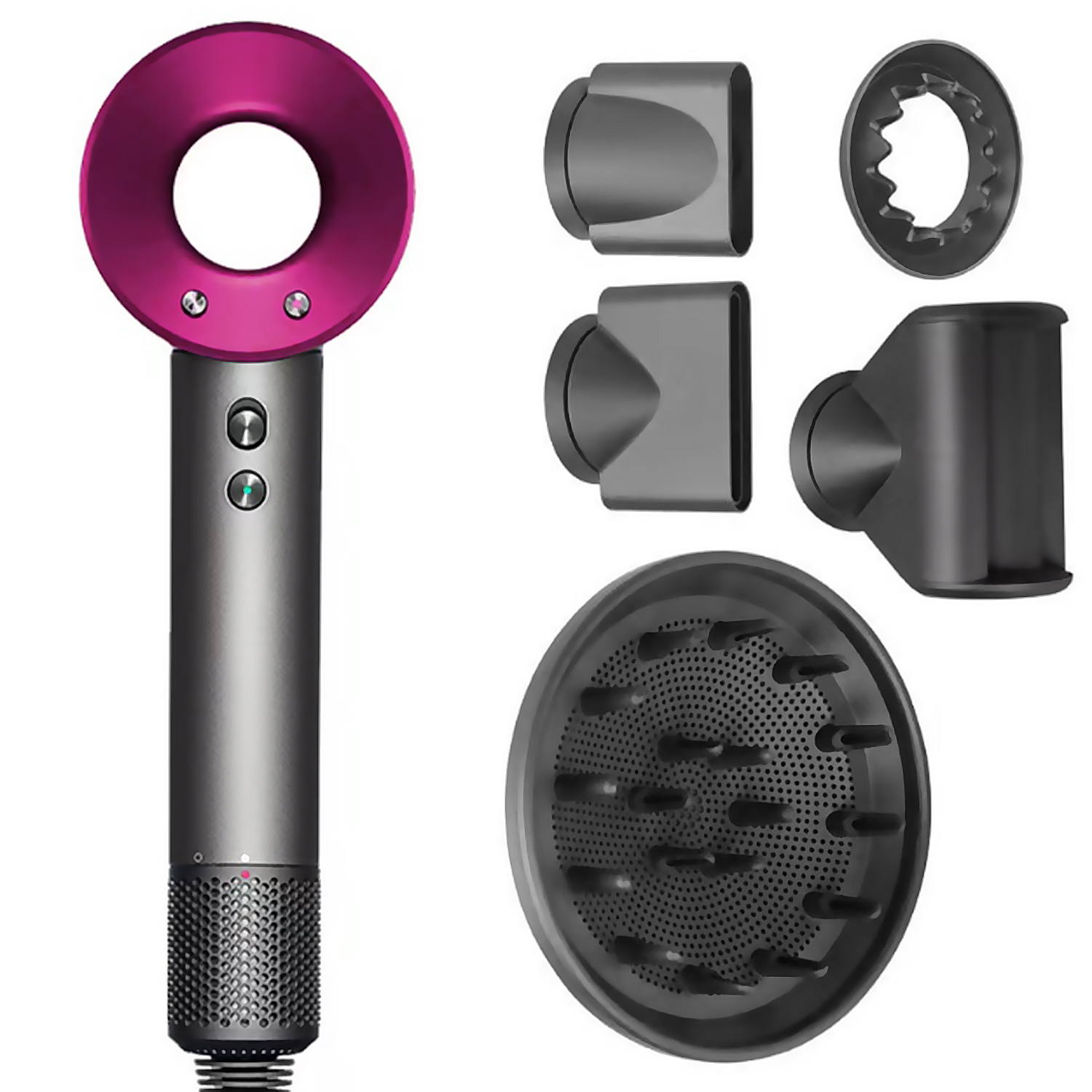 Un asciugacapelli rosa e grigio con diversi accessori neri. L'asciugacapelli ha una testa a forma di anello. Accessori a destra.