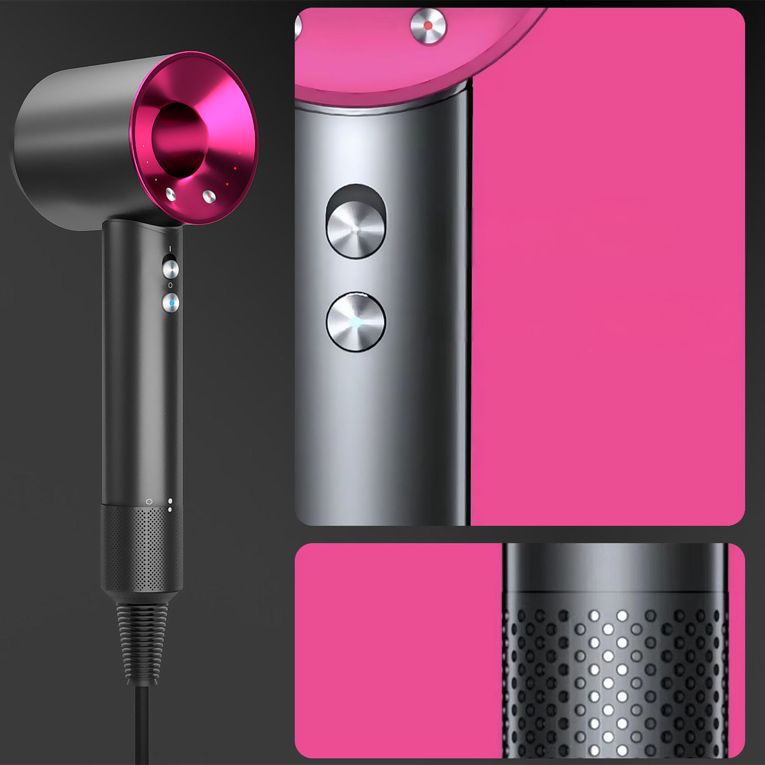 Primo piano di un asciugacapelli Dyson con dettagli neri e rosa. Lo sfondo è grigio scuro. Sono visibili pulsanti e fori per l'aria.