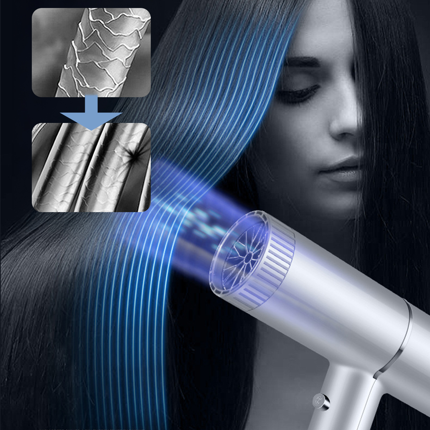 Una donna usa un asciugacapelli argentato. Primi piani mostrano i capelli prima e dopo il trattamento. Linee blu indicano il flusso d'aria.