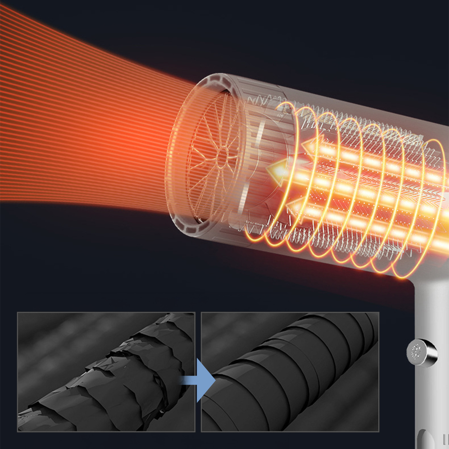 Asciugacapelli con flusso di calore arancione. Mostra il trattamento dei capelli prima e dopo. I capelli diventano più lisci.