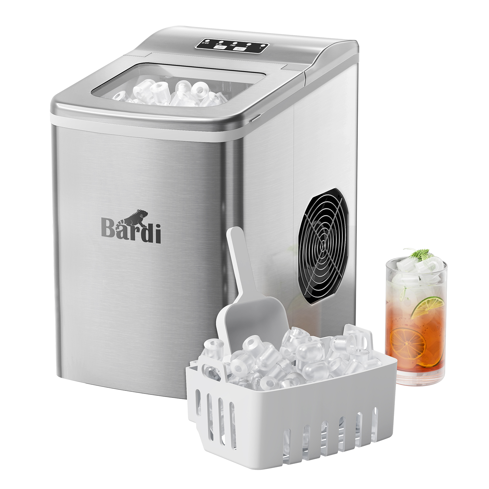 Een ijsmachine, een witte ijsschep en een ijsemmer. Een drankje met ijs, munt en limoen in een glas. Roestvrij staal.