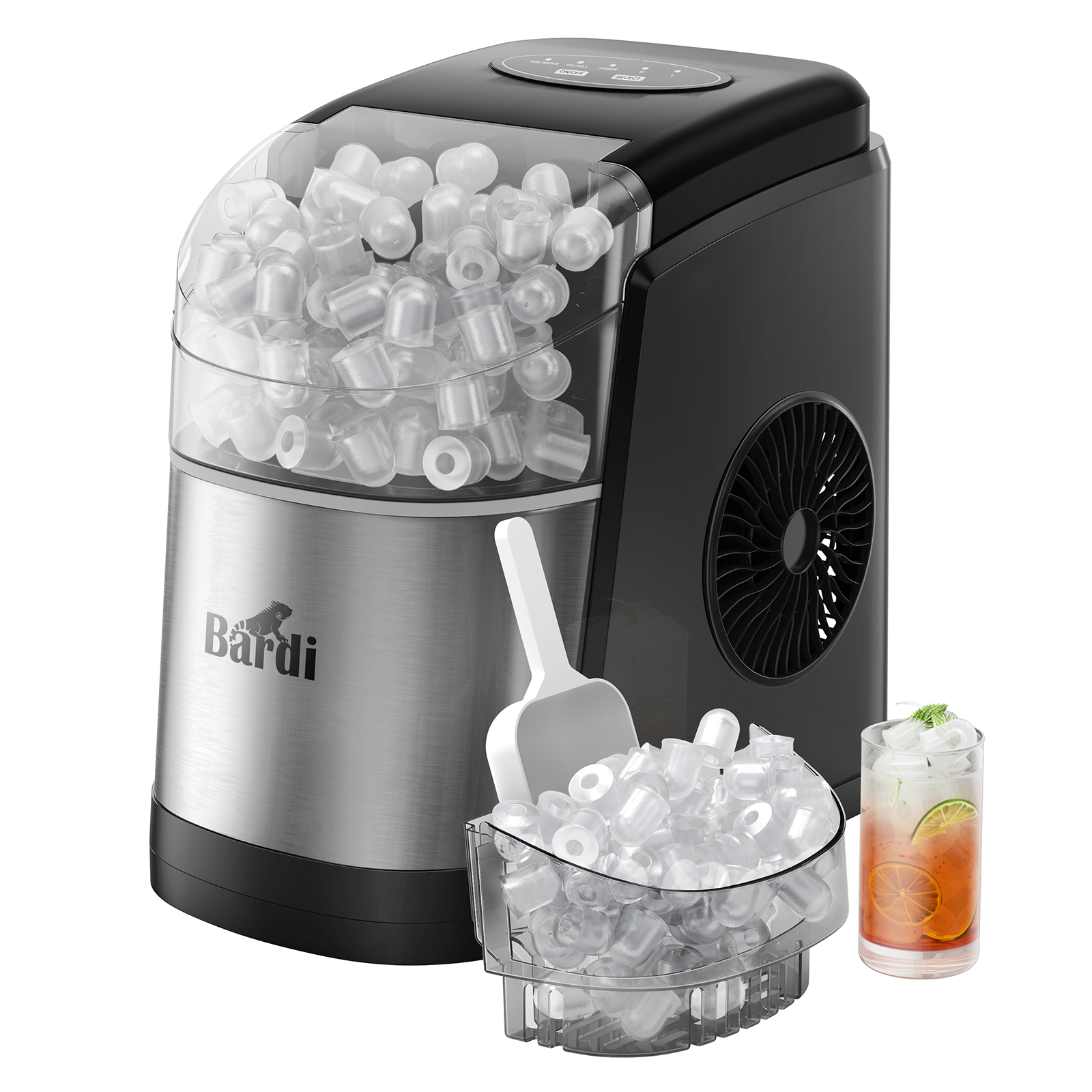 An ice maker machine with ice cubes inside and a glass of drink with ice cubes, lemon and mint.