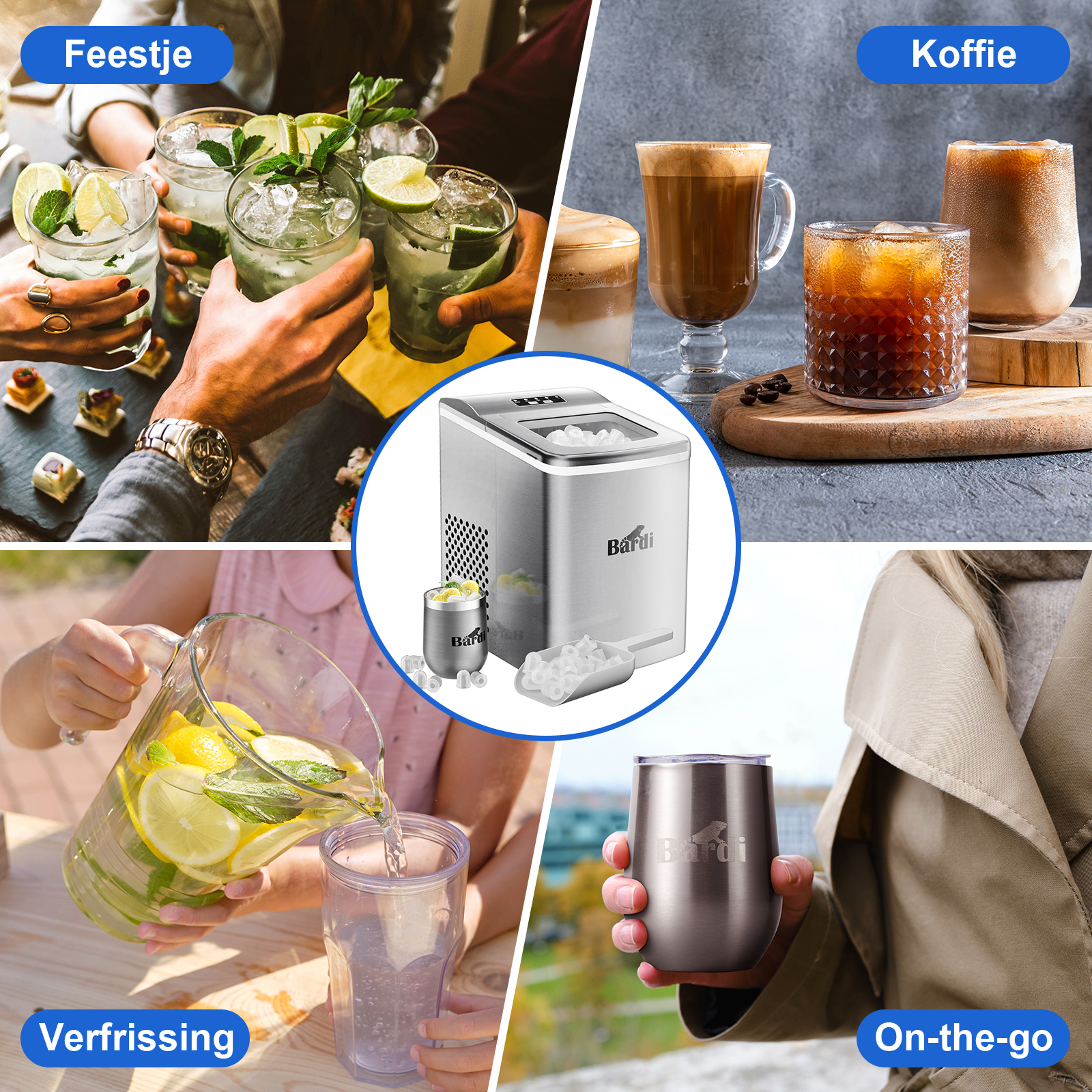 Afbeelding toont drankjes, een ijsmachine, koffie en een persoon die een tumbler vasthoudt. Verschillende scènes suggereren verfrissing.
