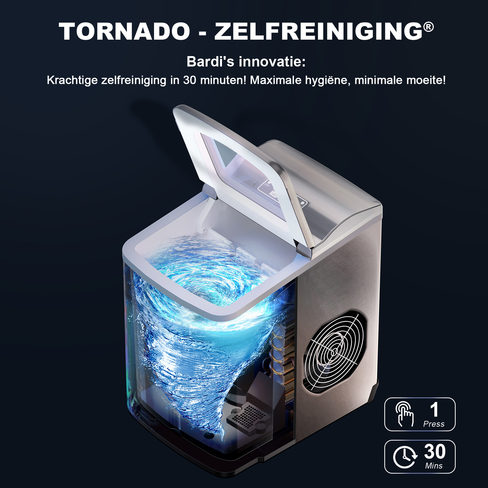 IJsmachine met tornado-effect. Met ventilator en bedieningspaneel, tekst: '1 Druk' en '30 Min'.