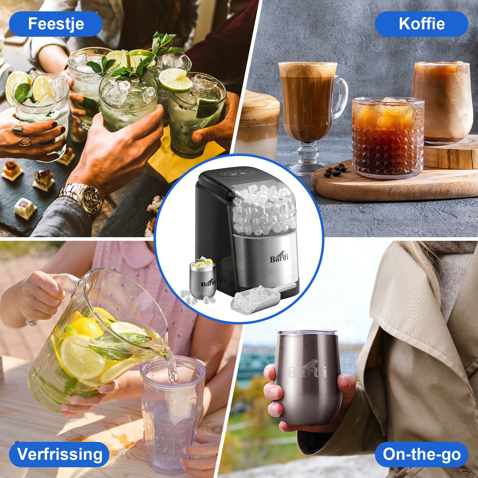 Image shows drinks, coffee, and ice maker. Hands holding drinks. A person is pouring a drink. Another holds a cup.