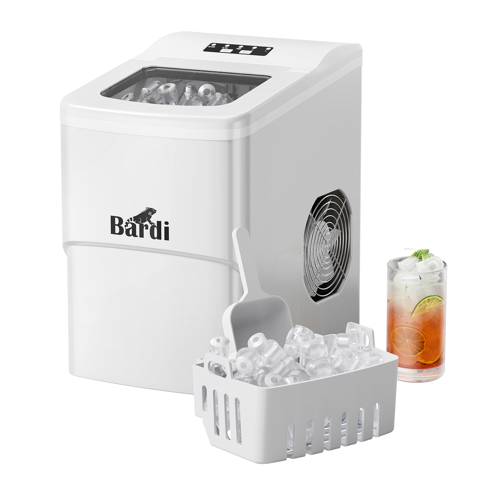 Een witte ijsmachine met ijs, een schep en een drankje. De ijsmachine heeft het 'Bardi'-logo. Een glas bevat een drankje met limoen.