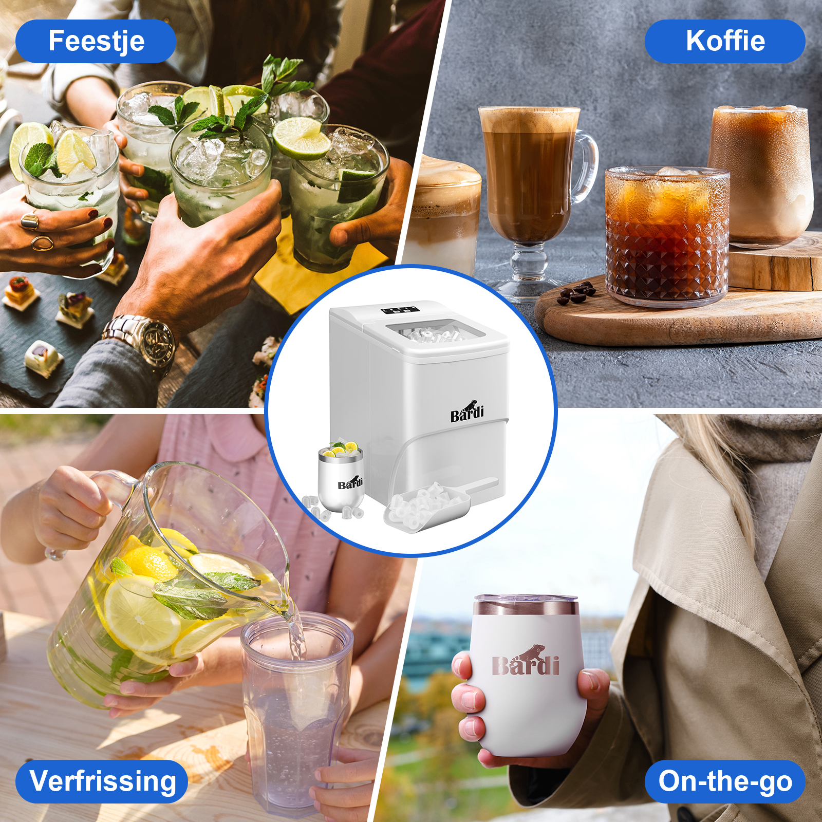 Afbeelding toont drankjes, koffie, een ijsmachine en een tumbler. Mensen proosten met drankjes, schenken water en houden een tumbler vast.