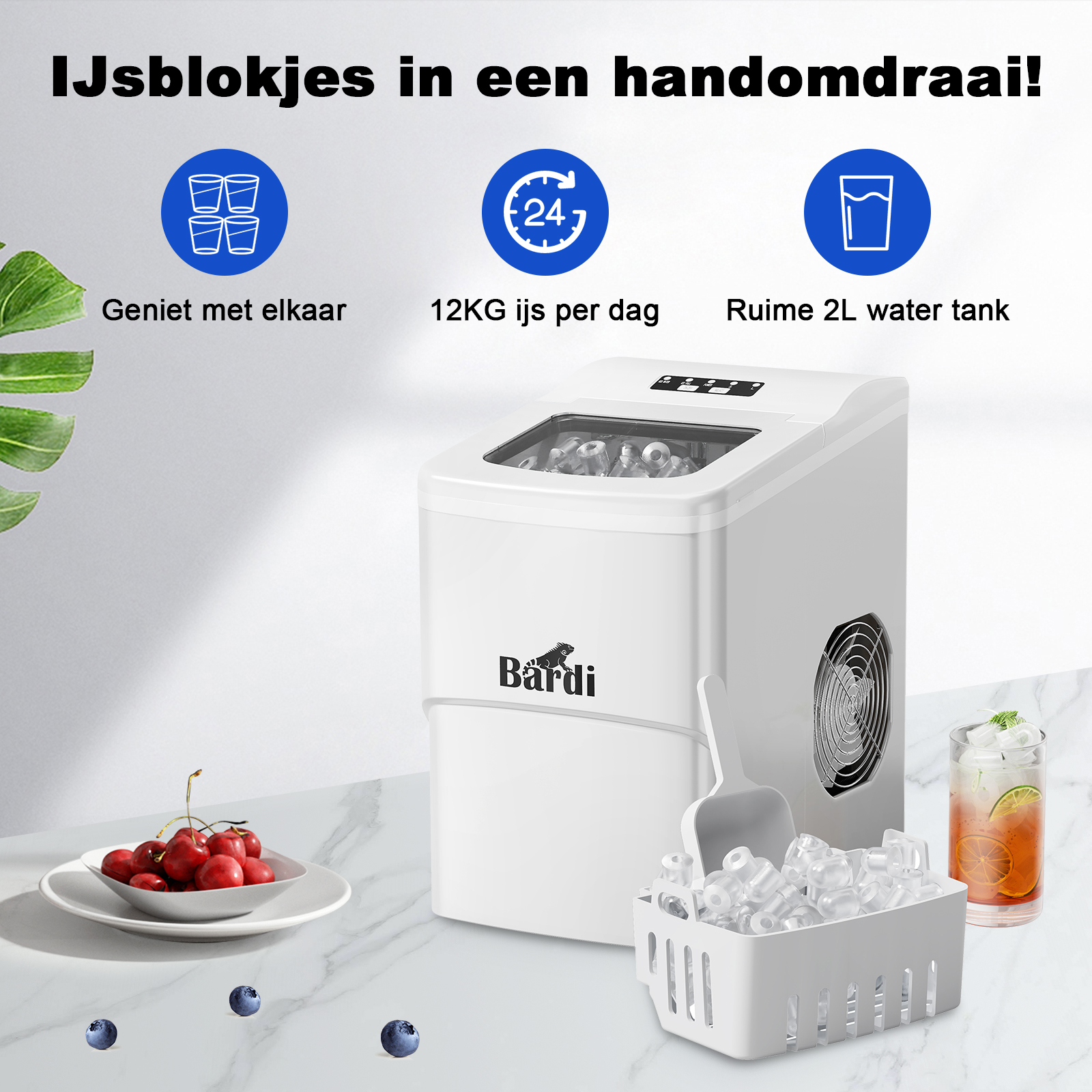 IJsmachine, kersen, bosbessen en een drankje met ijs. Tekst in het Nederlands: IJsblokjes, Bardi.