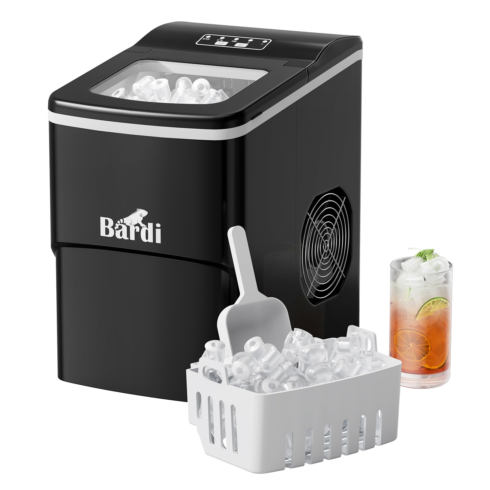 Black ice maker with ice cubes, ice scoop, and a glass of beverage with ice and lime slices. White background.