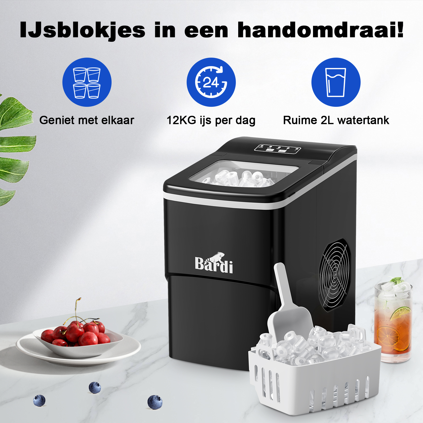 Black ice maker with ice cubes, cherries, blueberries, and a drink. Text: IJsblokjes in een handomdraai! (Ice cubes in an instant!)