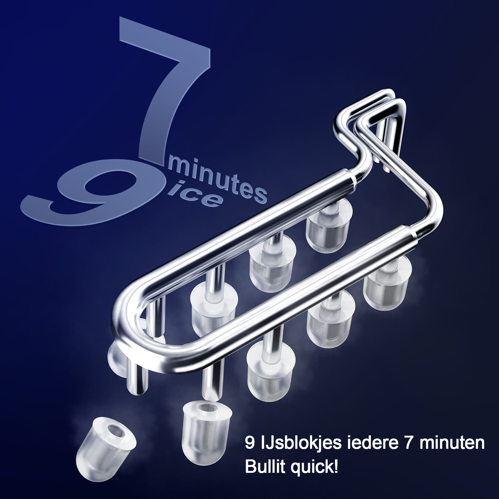 Image shows an ice maker with silver frame, nine ice blocks, and text: 9 ice blocks every 7 minutes, Bullit quick!