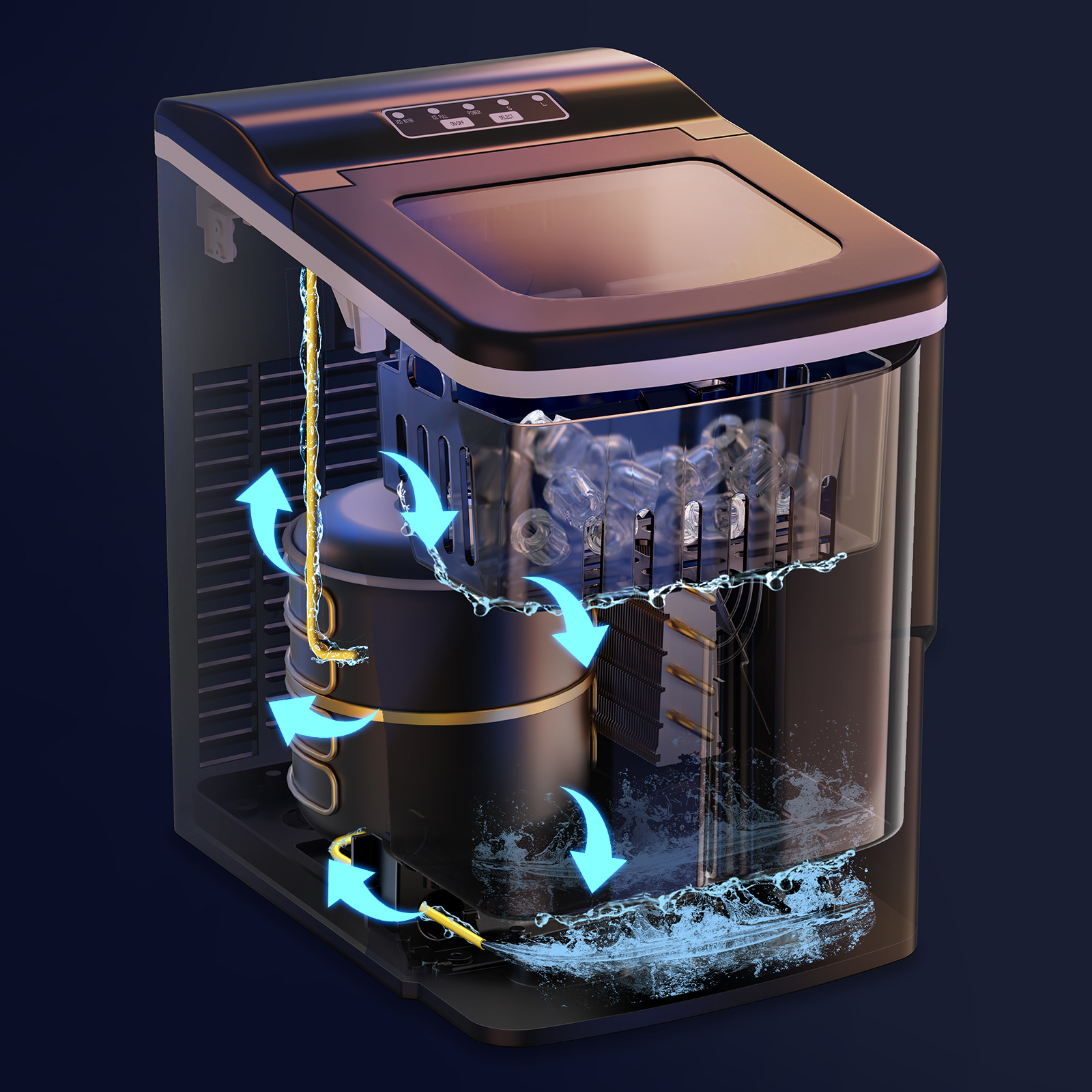An ice maker cutaway shows water flow with arrows. Ice cubes are visible in a transparent container. Dark blue background.