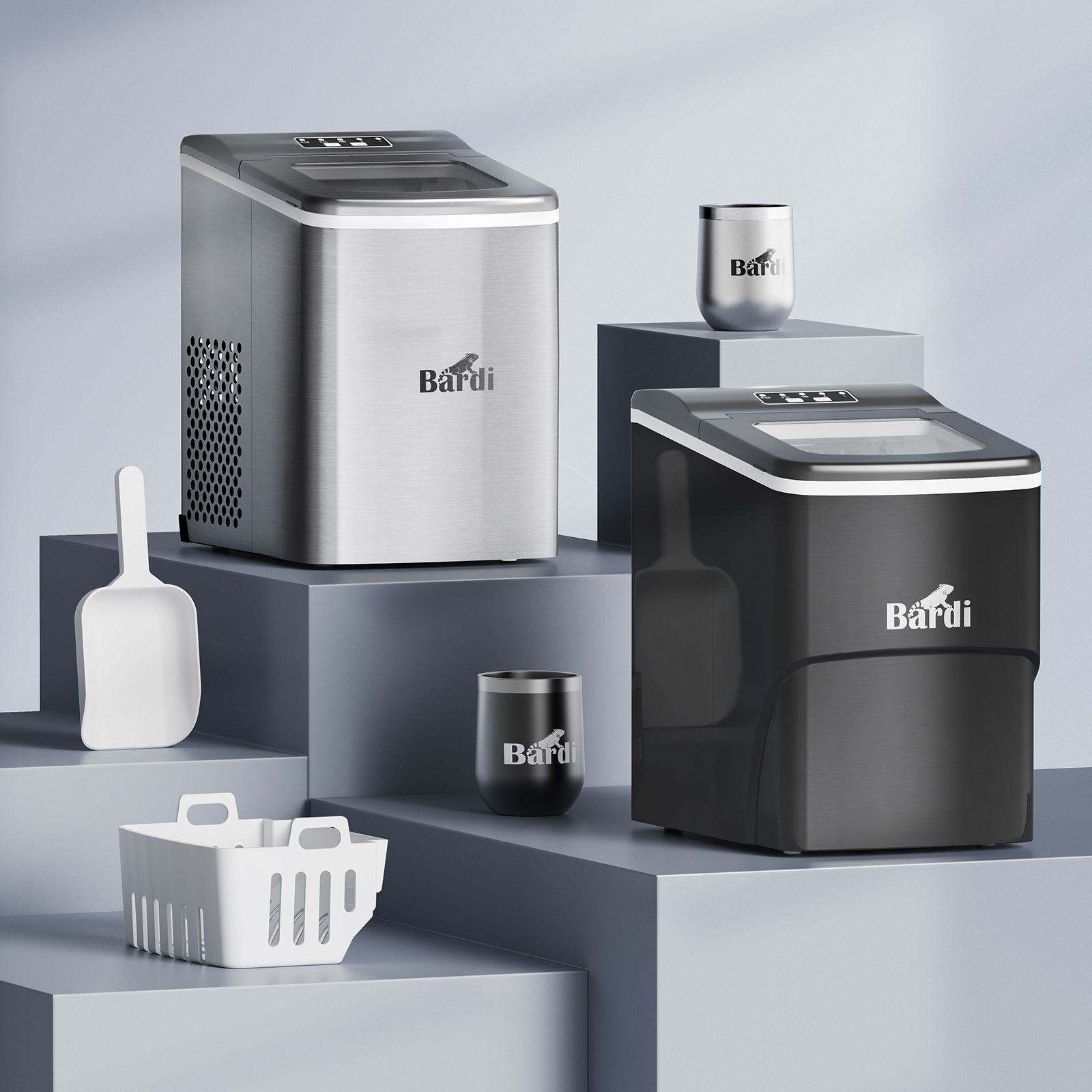An ice maker, two tumblers, an ice scoop, and a basket are on gray platforms. The ice maker has the 'Bardi' logo.