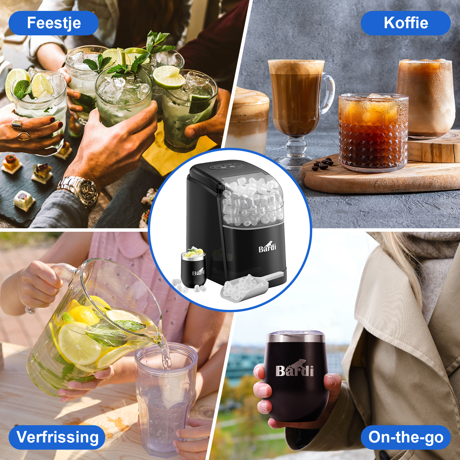 Afbeelding met drankjes, koffie en een ijsmachine. Mensen houden drankjes vast, schenken water en houden een beker vast. Blauwe tekstlabels.