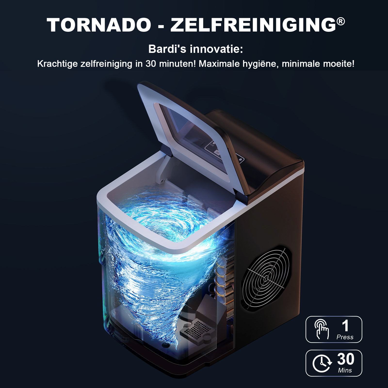 An ice machine with a tornado effect inside. It has a fan and a control panel, with text about cleaning in 30 minutes.