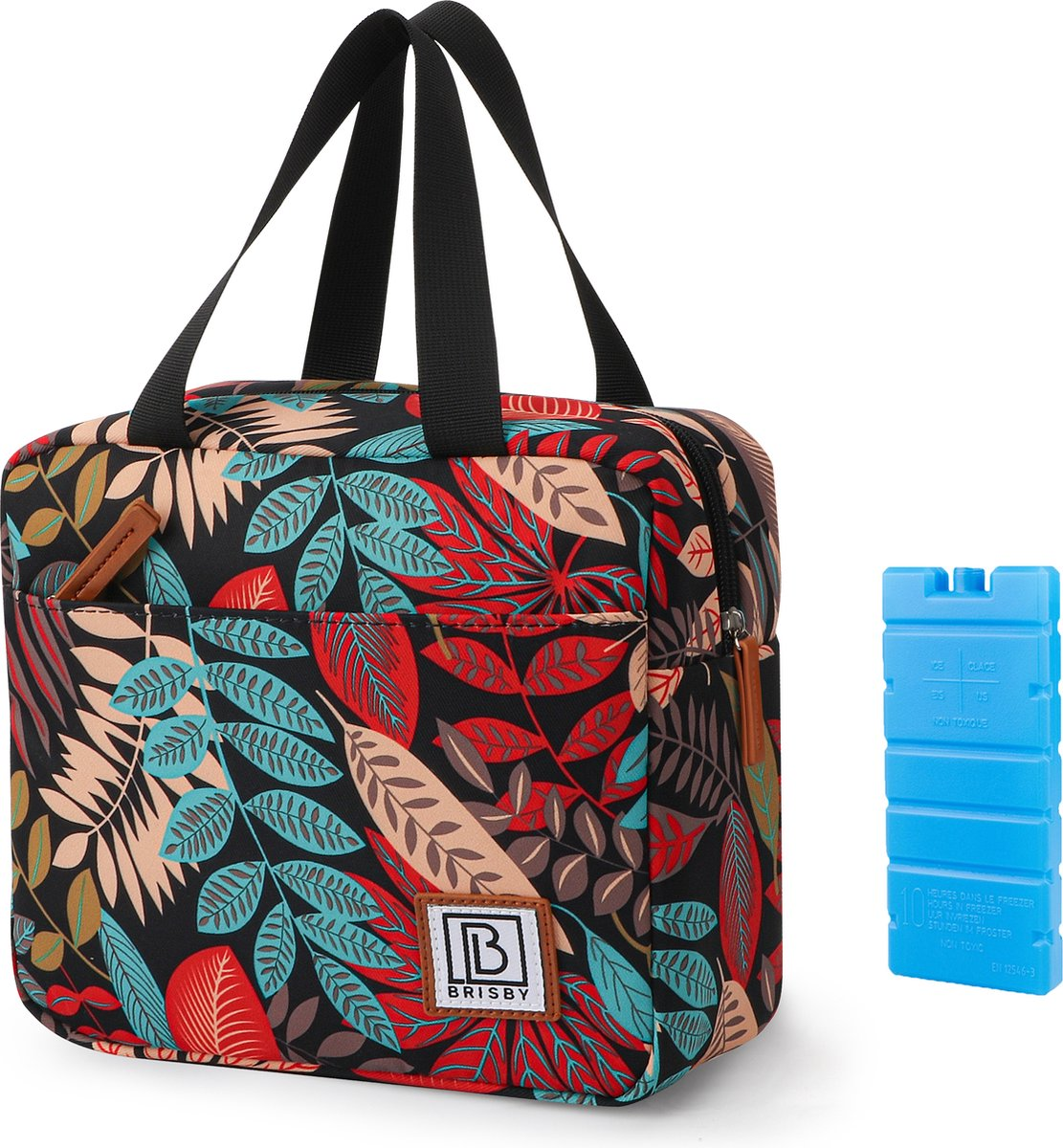 Een lunchtas met een bloemenpatroon en een blauwe koelelement. De tas is zwart met rode, blauwe en bruine bladeren. Het koelelement is blauw.