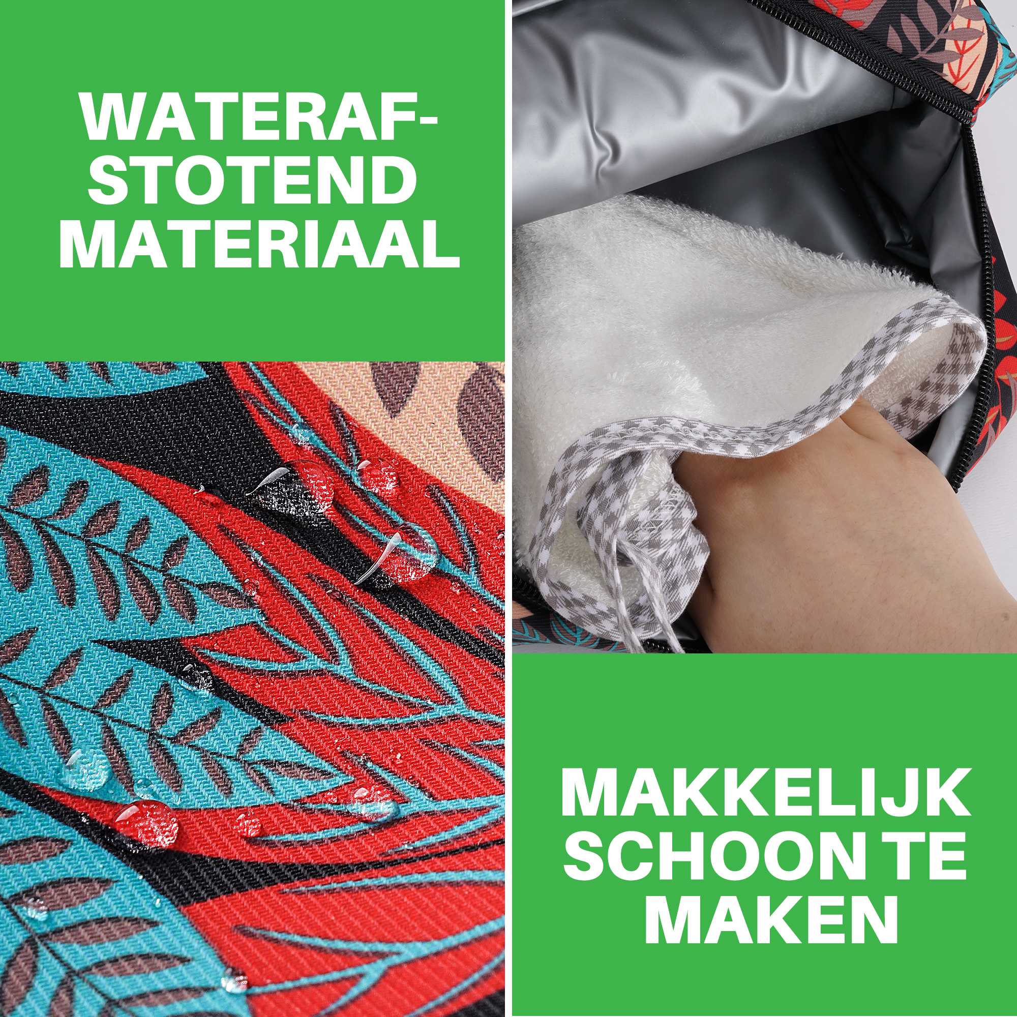 Afbeelding toont een stof met waterdruppels en een hand met een handdoek in een tas. Tekst in het Nederlands.