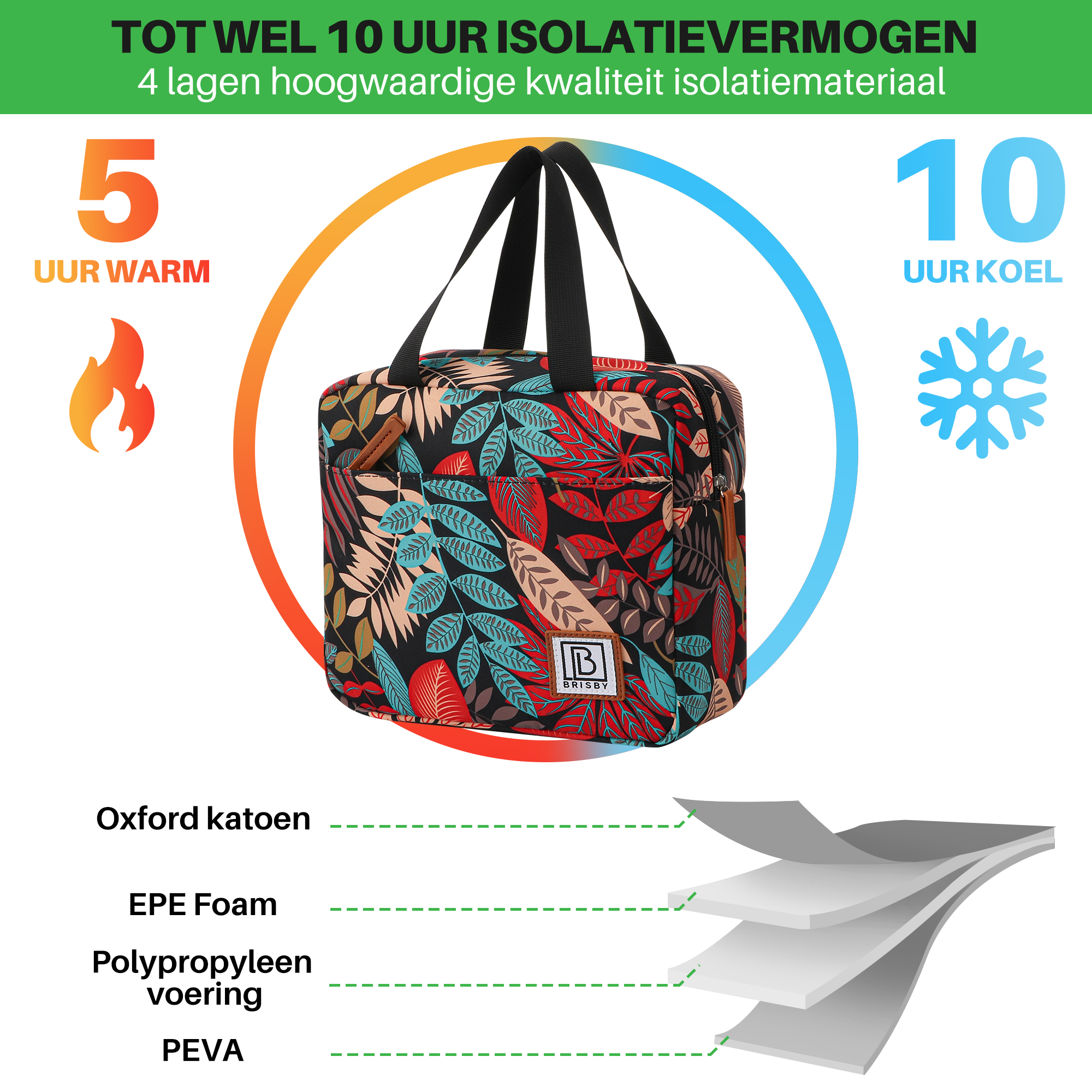 Geïsoleerde lunchtas met bloemmotief, met lagen materialen en tijd voor warmte en koeling.