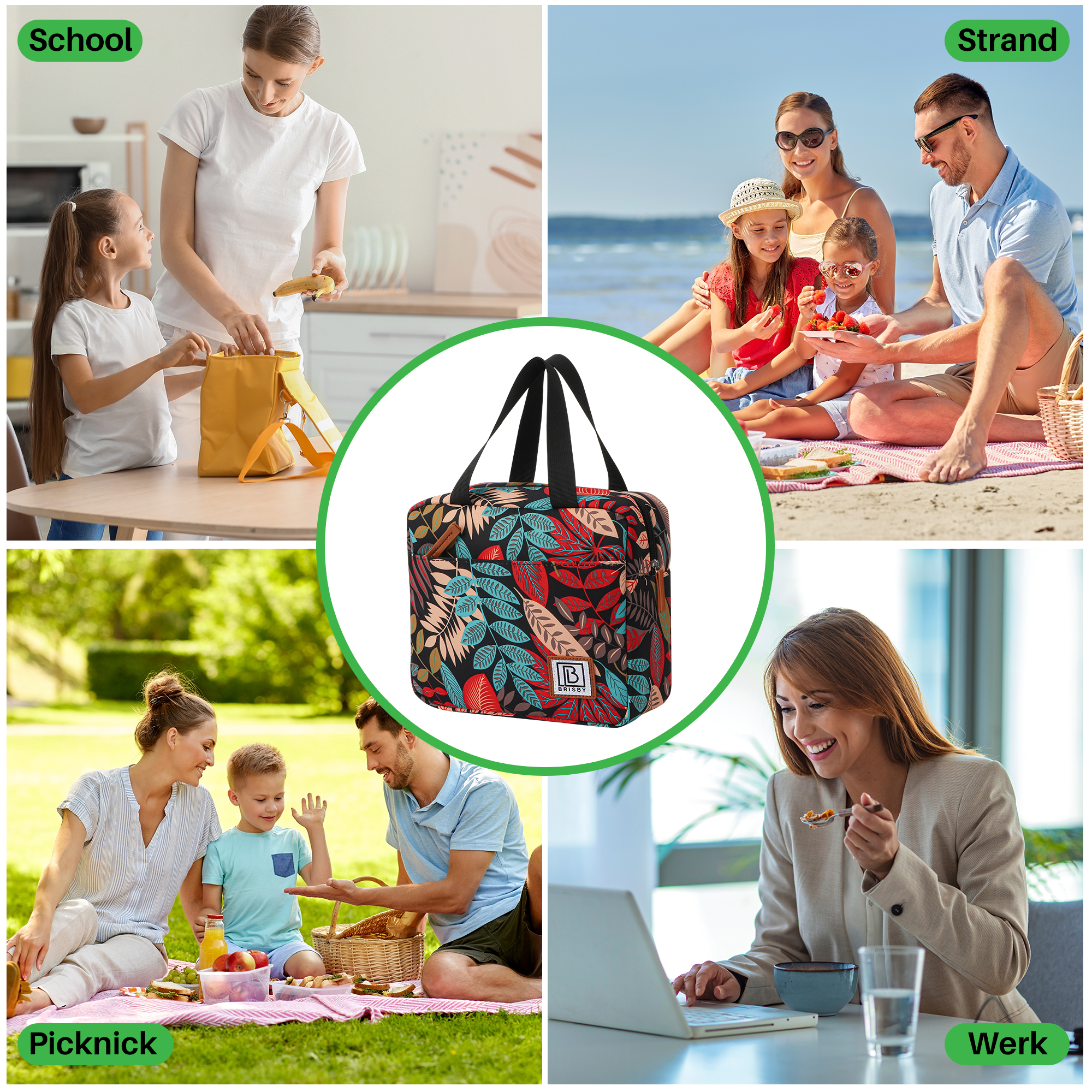 De afbeelding toont een tas in het midden met vier scènes: school, strand, picknick en werk, elk met een andere activiteit.