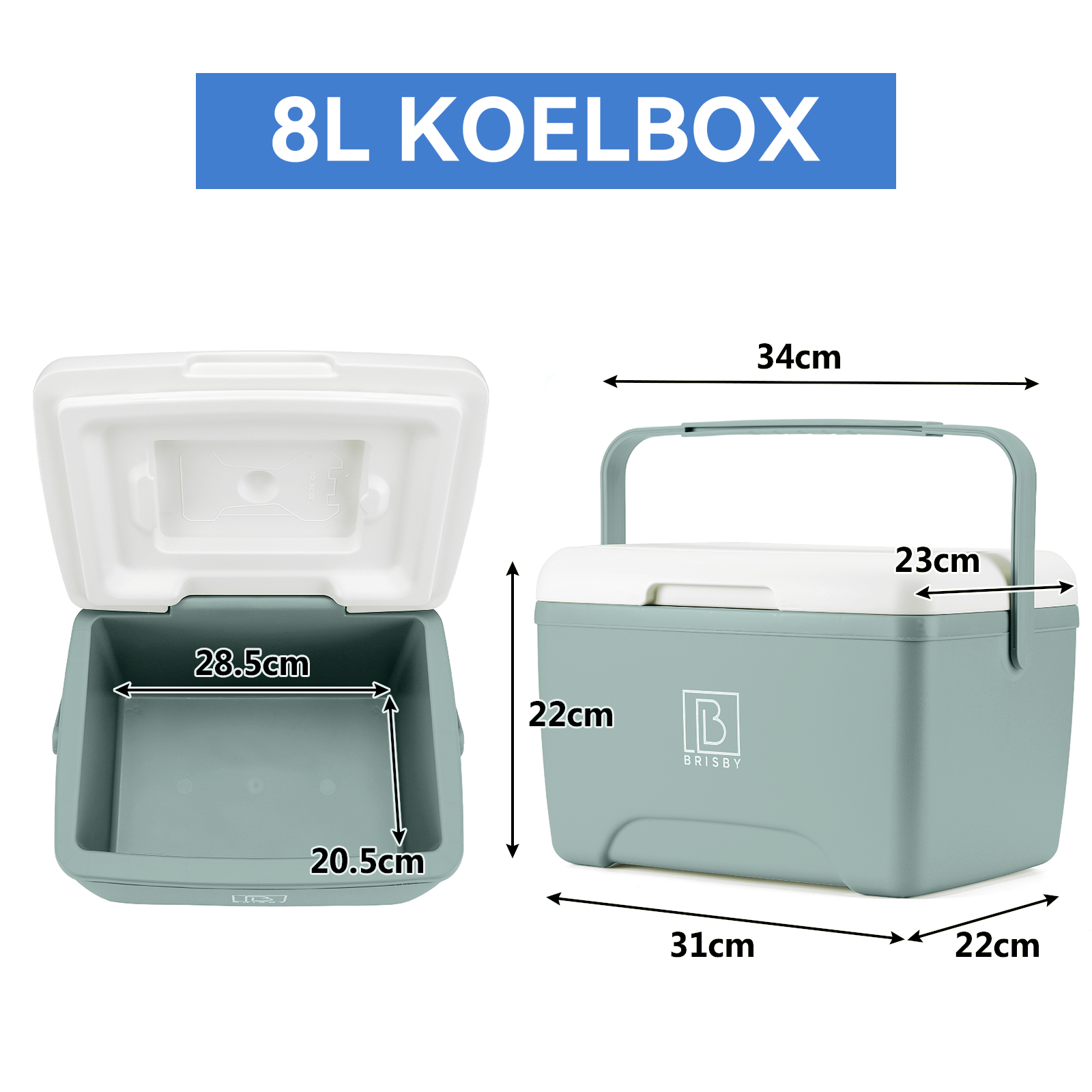 Een blauwe koelbox met wit deksel en handvat, afmetingen zijn aangegeven. De tekst '8L KOELBOX' staat bovenaan.