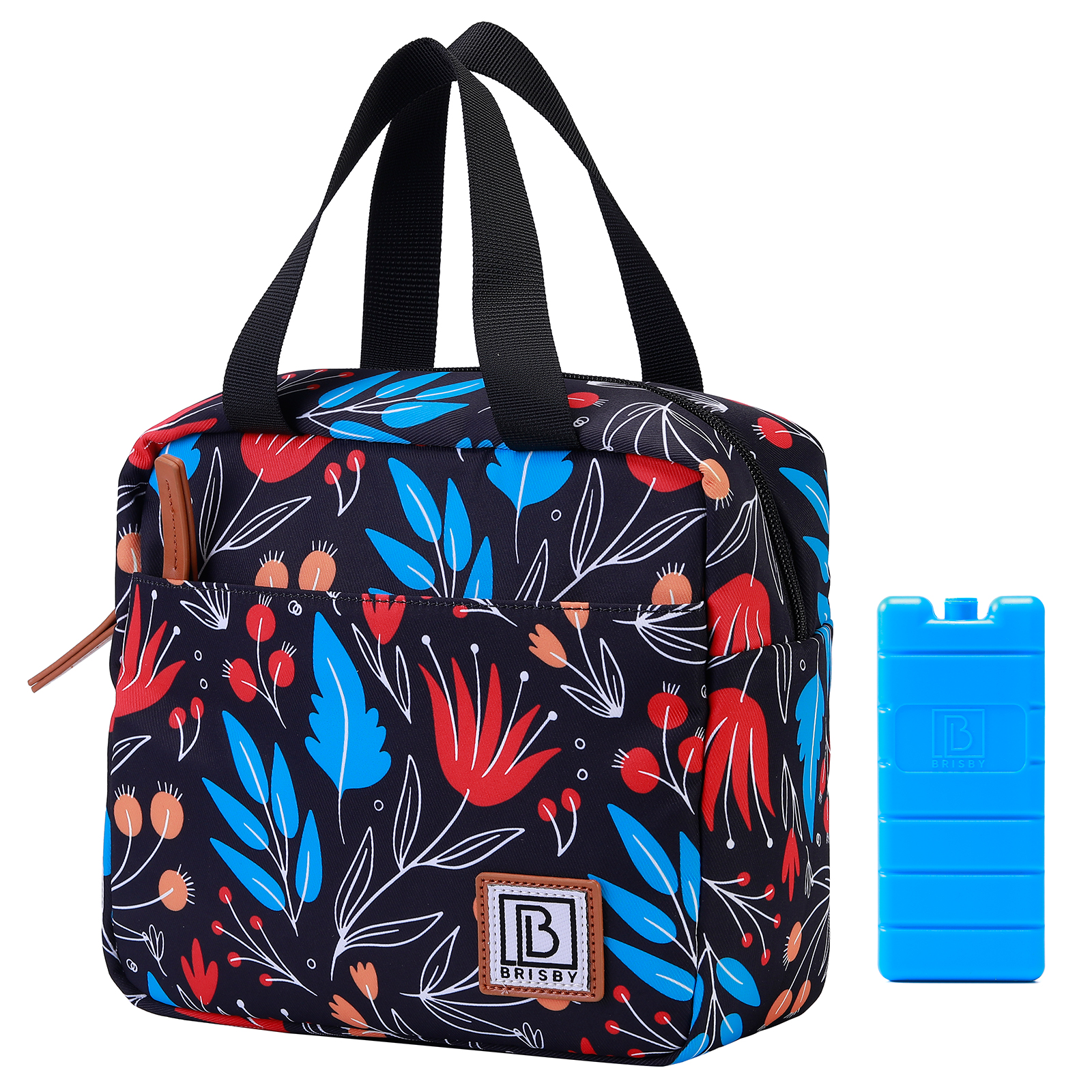 Een bloemenlunchtas met zwarte handvatten en een blauwe ijszak. De tas heeft rode, blauwe en oranje bloemen op een zwarte achtergrond.